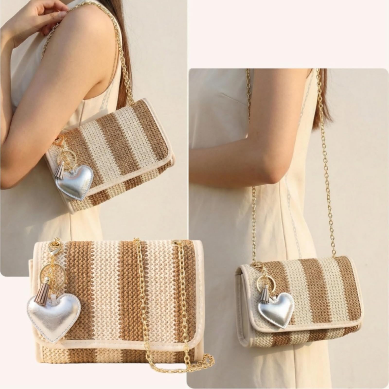 Borsa di Paglia Donna Borse da Donna, Fotocamera A Colori Bloccati, Tessute Righe Stampate, Crossbody Elegante-Khaki