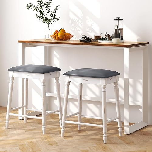 Miniatura 2 de Giantex Juego de 2 taburetes de bar de 24 pulgadas de altura de mostrador con asiento acolchado, patas de madera de goma, reposapiés y superficie