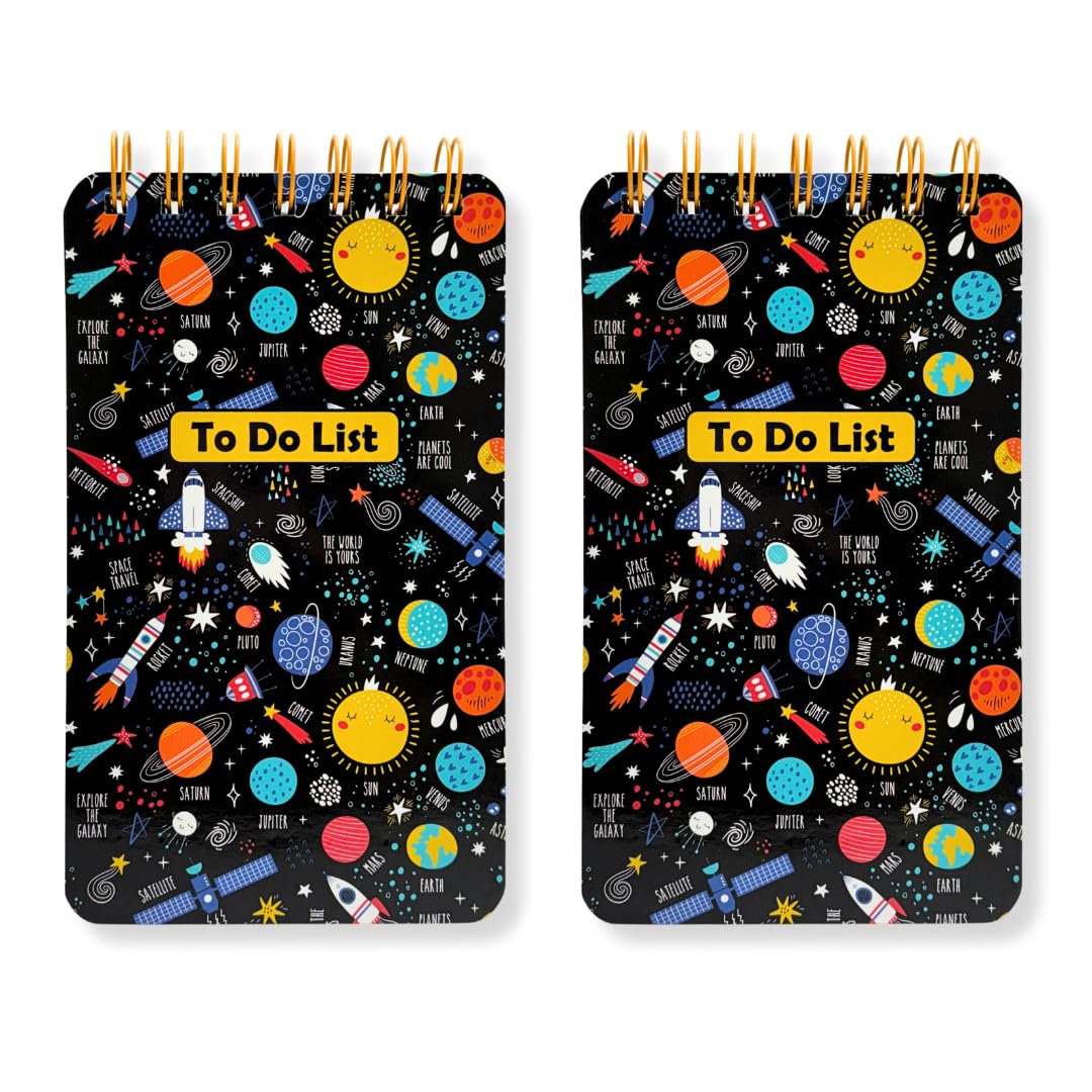 Tot Tales To-Do List Set of 2 Size (17 x 10 cm) 192 Ruled Pages, 80 GSM Spiral Bound Notebooks for Daily Tasks, Checklists - Cosmic Space Set of 2