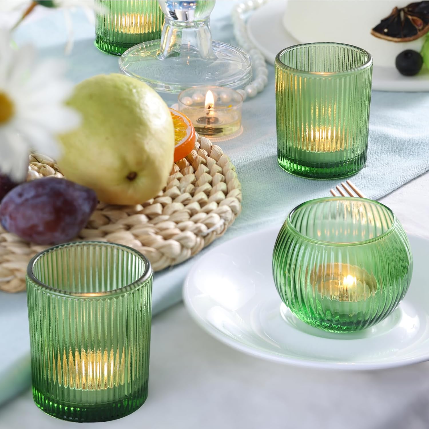30 Pcs Assorted Ribbed Green Votive Candle Holders, Tea Light Candle Holders Glass for Table Centerpiece, Green Candle Holders for Wedding, Bridal Shower and Tea Party Decorations