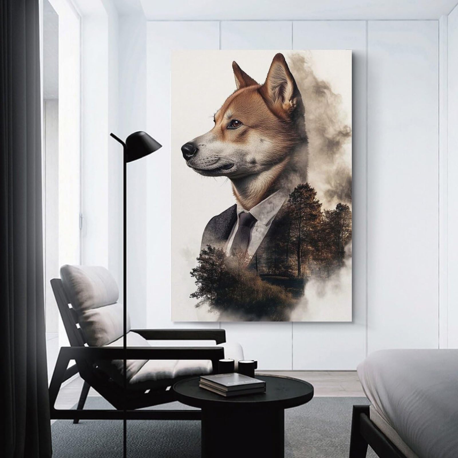 Junmoney Dog in Suit with Forest Background Canvas Wall Decor 20x30inch(50x75cm), for Corridors, Hallways Or Apartment Entries, A Stylish Accent for Home Entrances