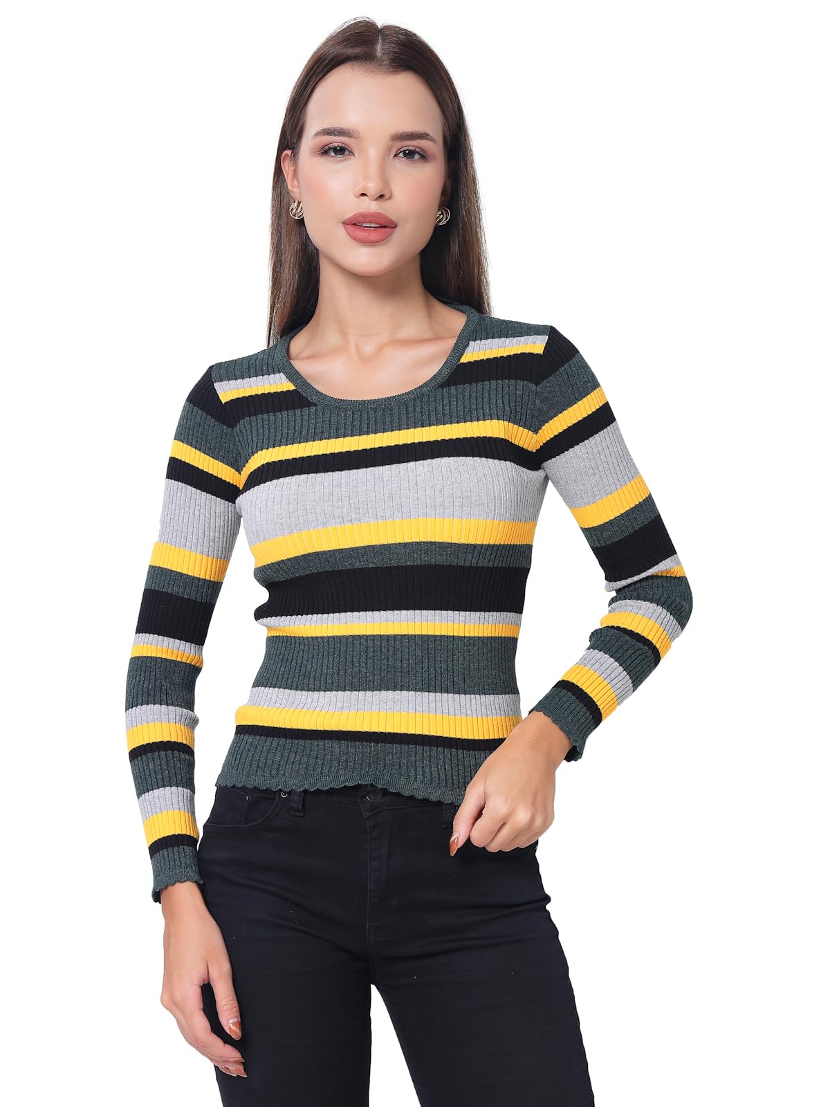 kalt Women Full Sleeves Round Neck Ribbed Knitted Sweater-picture-13