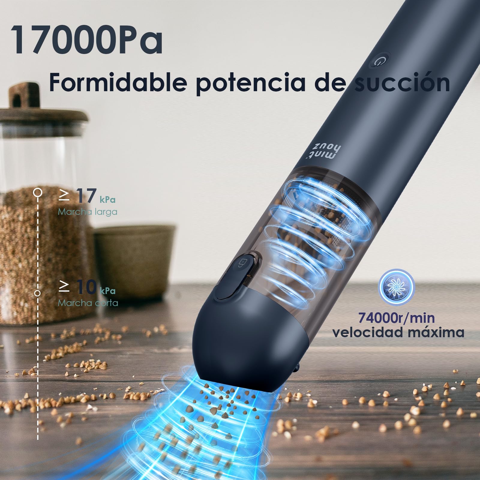 Minthouz Aspirabriciole Senza Fili Auto, 17000Pa Mini Aspirapolvere Portatile e a Carica Rapida con 120W ad Alta Potenza, Aspiratore Auto Potente 3 In 1 con cavo Type-C e luce LED/SOS per auto/casa