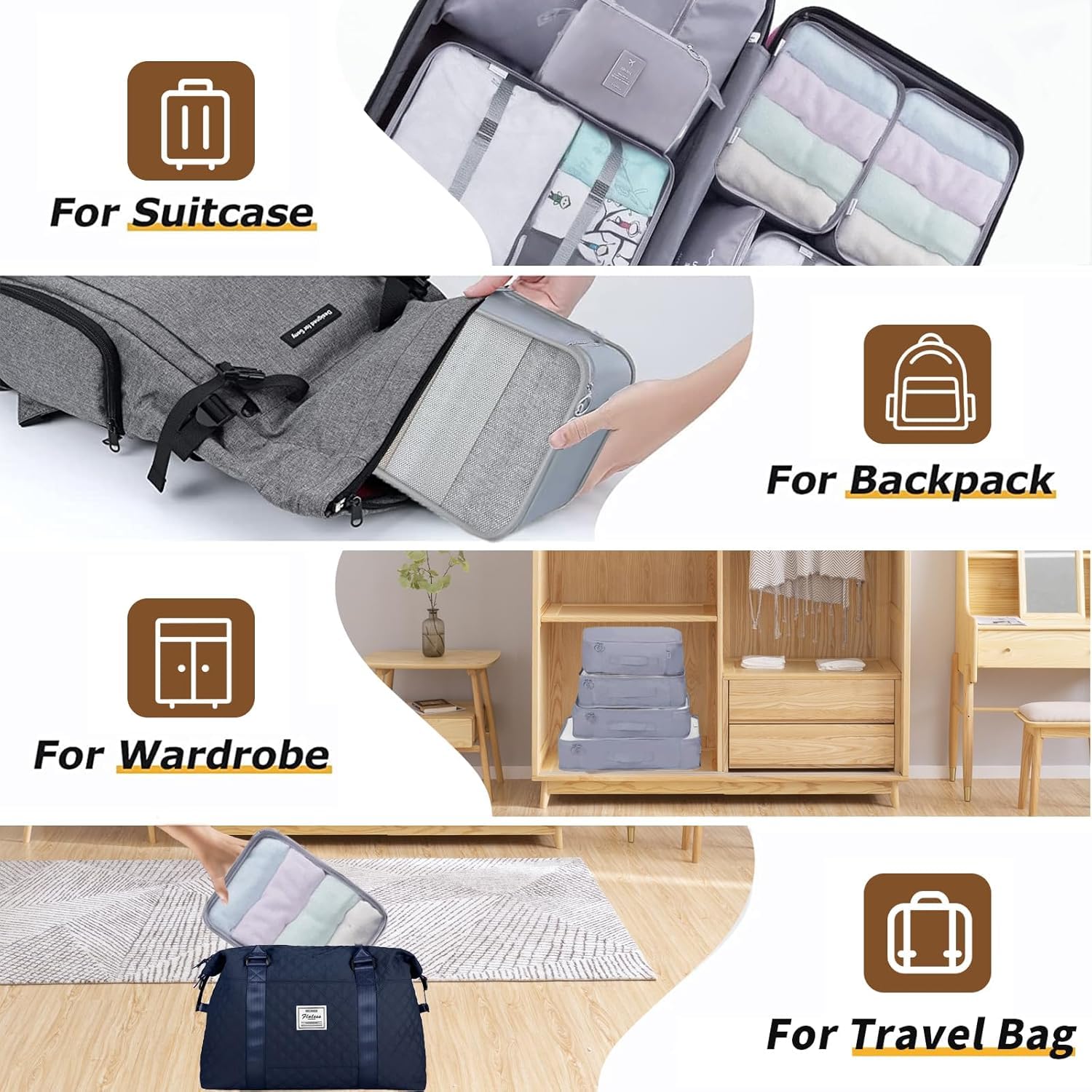 LANSKLBD 6/8 Set Packing Cubes for Suitcases Travel Luggage Packing Organizers,Travel Accessories Essentials Luggage Organizer with Shoe/Tioletry/Laundry Bag (Grey, 8 set) view 5