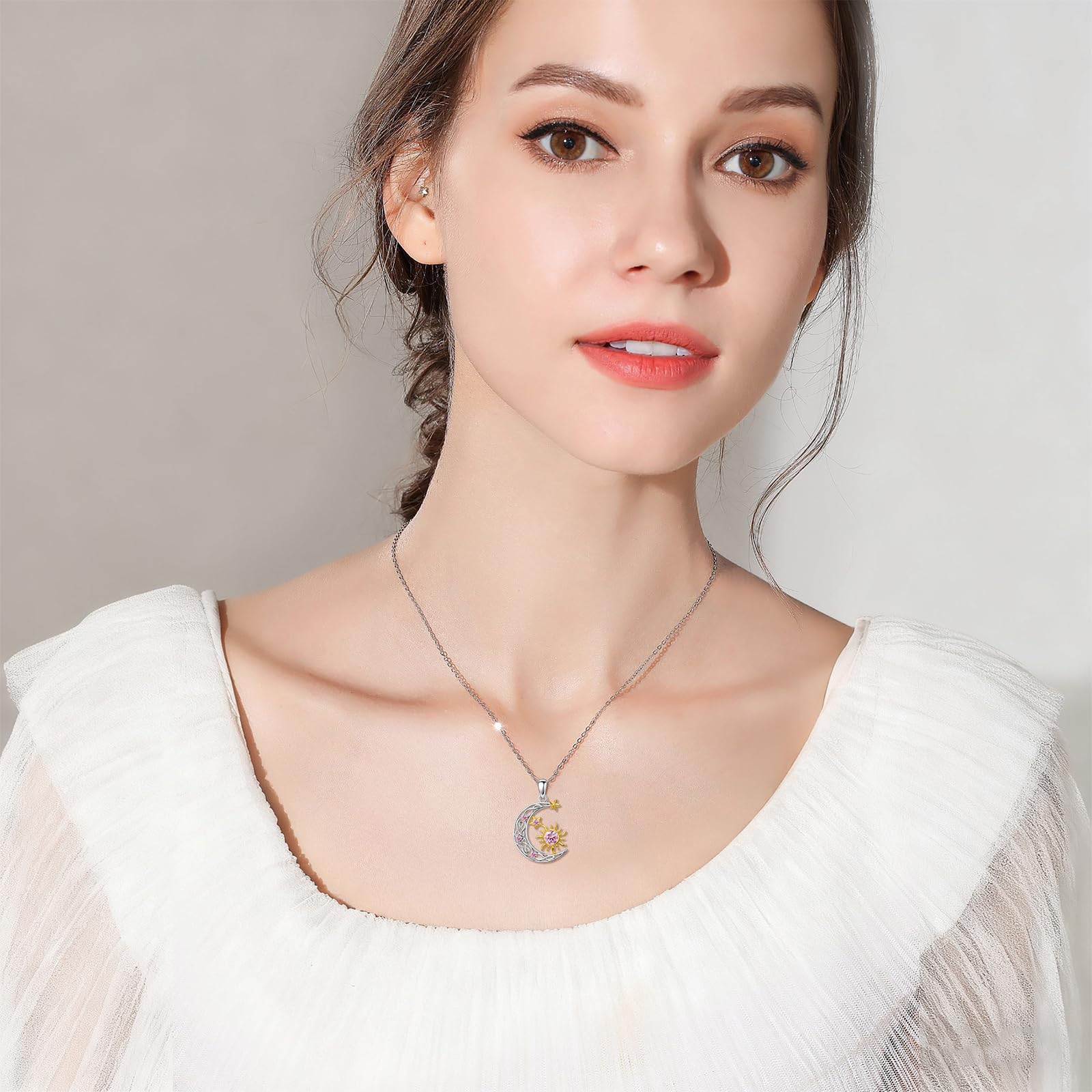 Sonne und Mond Halskette für Damen 925er Sterling Silber Sonne Mond Stern Geburtssteinen Anhänger Kette Geburtstag Weihnachten Schmuck Geschenk für Frauen Mutter Tochter Ehefrau
