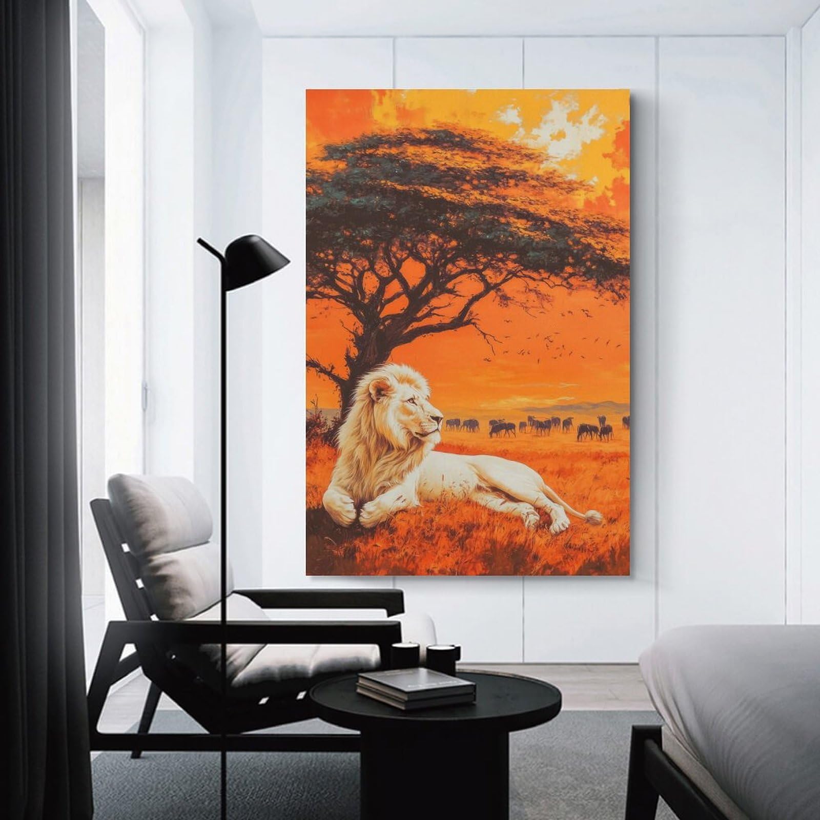 Junmoney Unframe-Style-13 Canvas Art Print White Lion Sunset, 08X12inch(20X30cm), For Office, Study Or Home Workspace, Wall Art That Adds Style To Work Areas