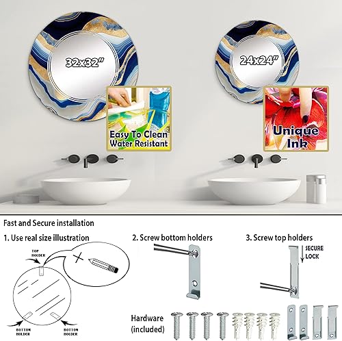 Miniatura 4 de DesignQ Modern wall mirror, Oval Modern mirror, Round Blue bathroom mirror, Abstract Transitional vanity mirror Flowing Vibrant Blue and Gold Art IV