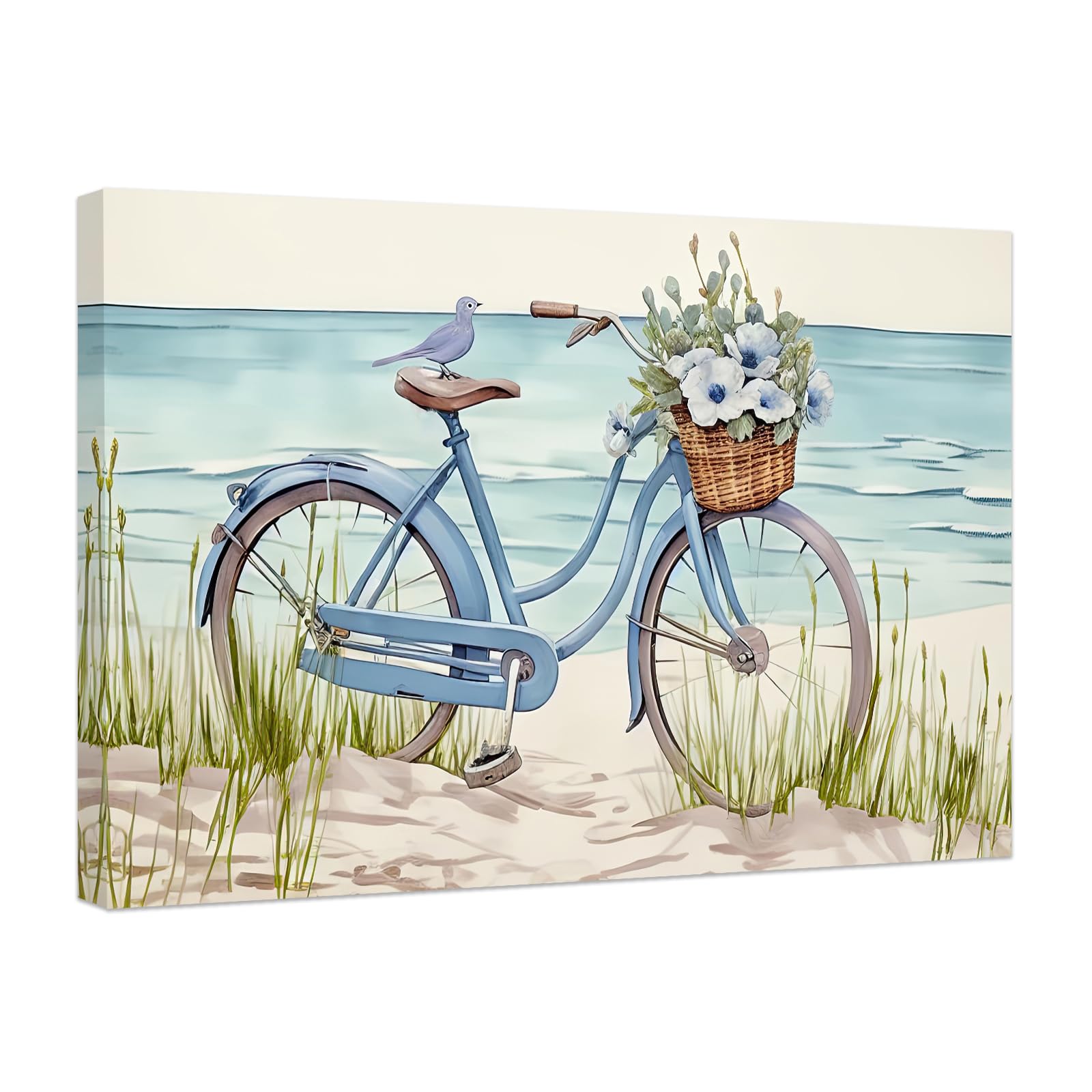 絵画　　アート Amazon.co.jp: ZXHYWYM ブルー自転車 花付き ウォールアート ビーチ