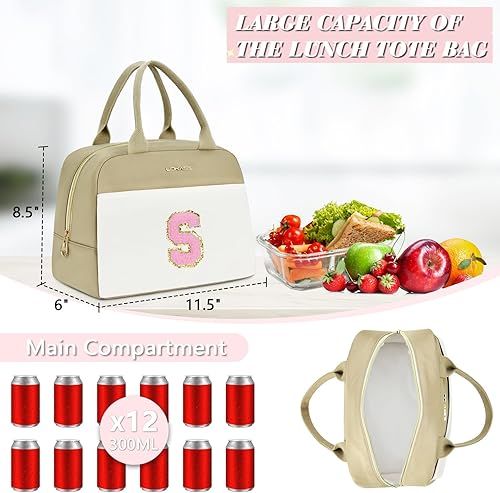 Miniatura 5 de UTOTEBAG Lonchera con inicial para mujer, lonchera aislada con bolsillo frontal, pequeña y abierta, bonita bolsa enfriadora para el trabajo, viajes,