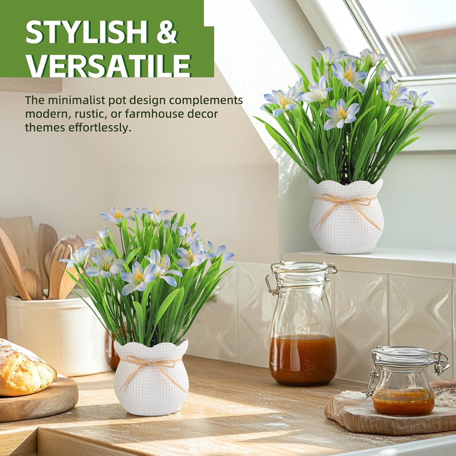 Artificial Flowers Plant UV Resistant Realistic Potted Faux Flowers Lifelike Greenery Maintenance Free Florals Indoor Outdoor Home Office Decor - Image 3