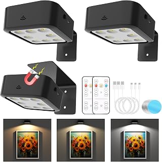 3 Pack Picture Lights for Wall, Rechargeable Battery Operated Wall Lights, Picture Frame Lights with 3 Lighting Modes, Wireless Magnetic Painting Light with Remote Control Timer (Black, 3 Pack)