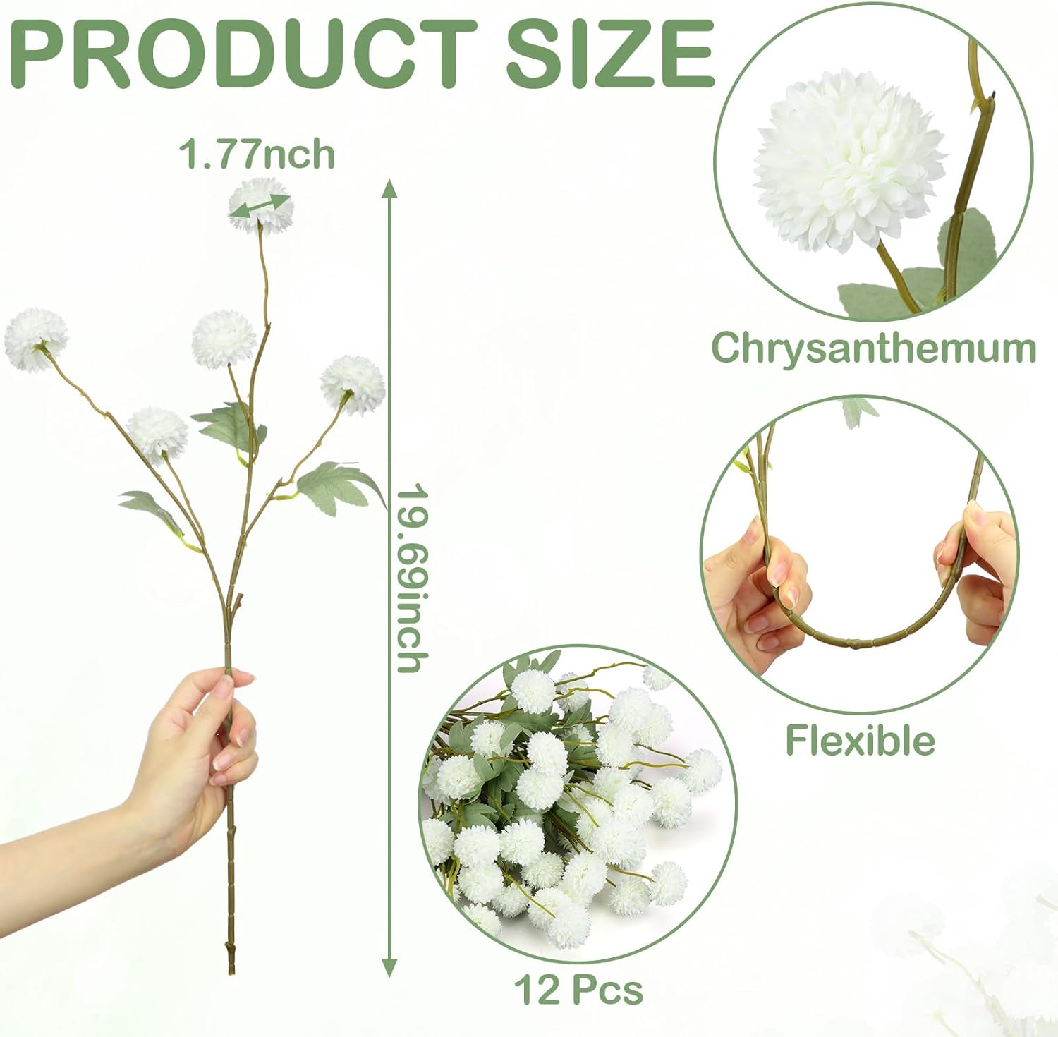 12 Pcs Artificial Pom Pom Mums Spring Faux Kiku Chrysanthemum Ball Floral Stems for Wedding Centerpieces Mother's Day Bouquet & Table Vase Decor(Milk White)