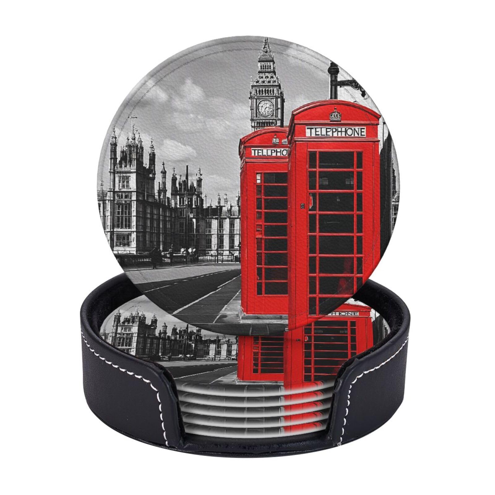 Coasters Set of 6 Microfiber PU leather Coasters with Holders for Drinks Coffee Bar Accessories, House Apartment Coffee Table Decor, Housewarming Gifts - England UK Retro London Telephone
