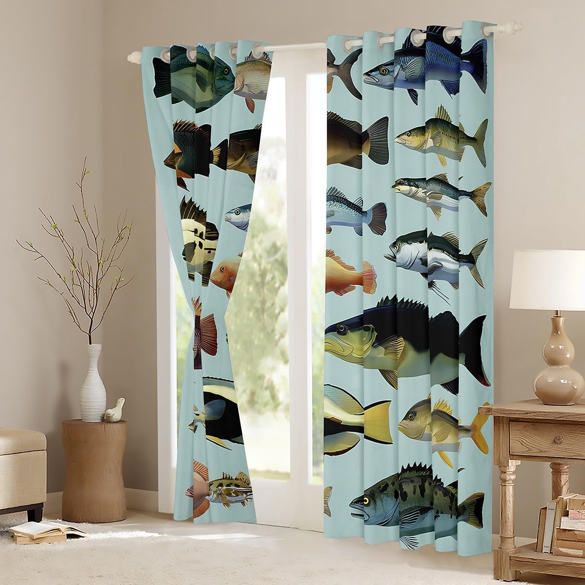 jejeloiu Fish Hook Curtains for Bedroom Living Room Fish Hook 30%-50% Blackout Darkening Drapes Fishing and Hunting Window Treatments, 2 Panels 52 x 84 Inch Vintage Room Decor image 3