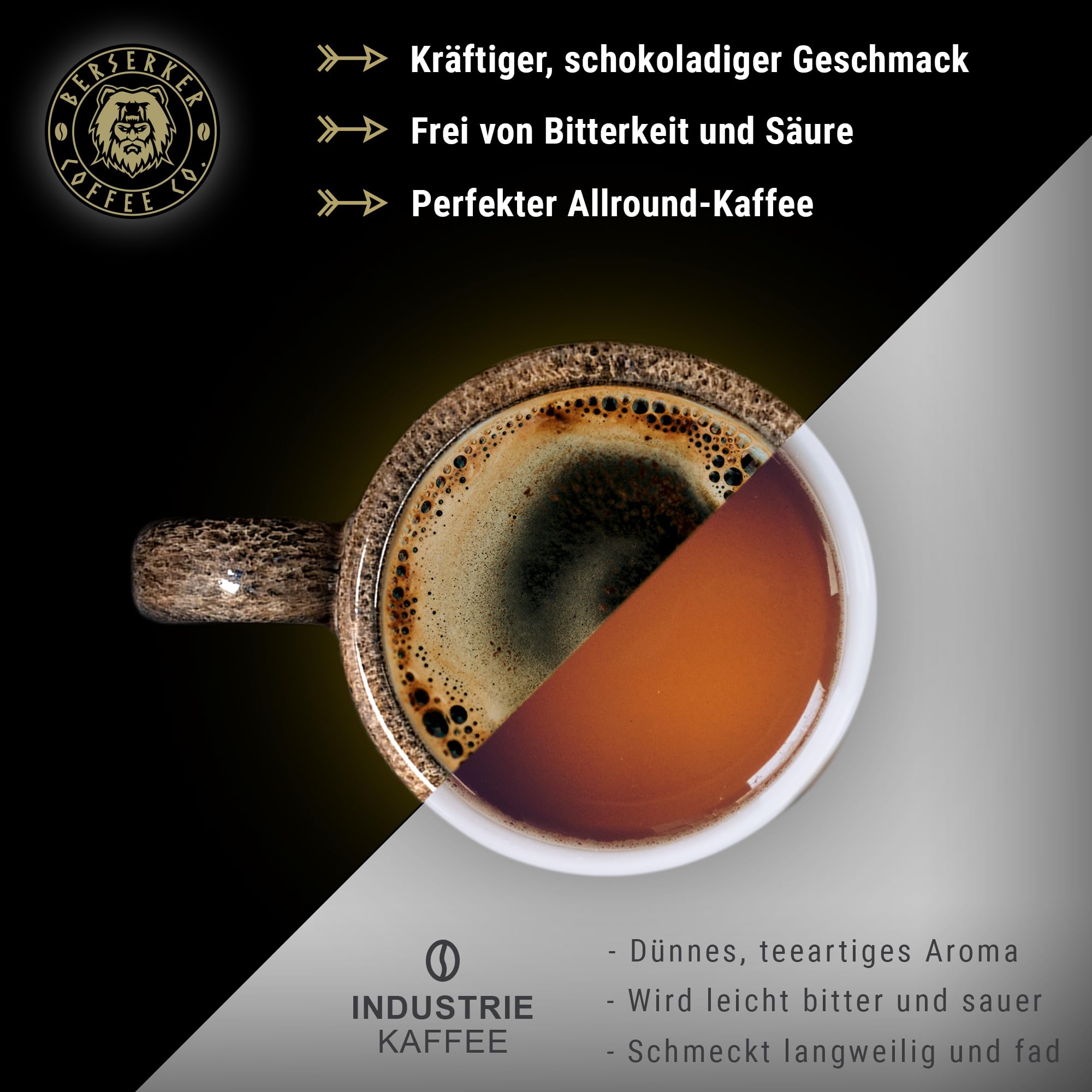 BERSERKER COFFEE - Allfather Blend, 500g - 50% Arabica, 50% Robusta Kaffeebohnen - säurearmer Kaffee, milde Röstung - GANZE BOHNE