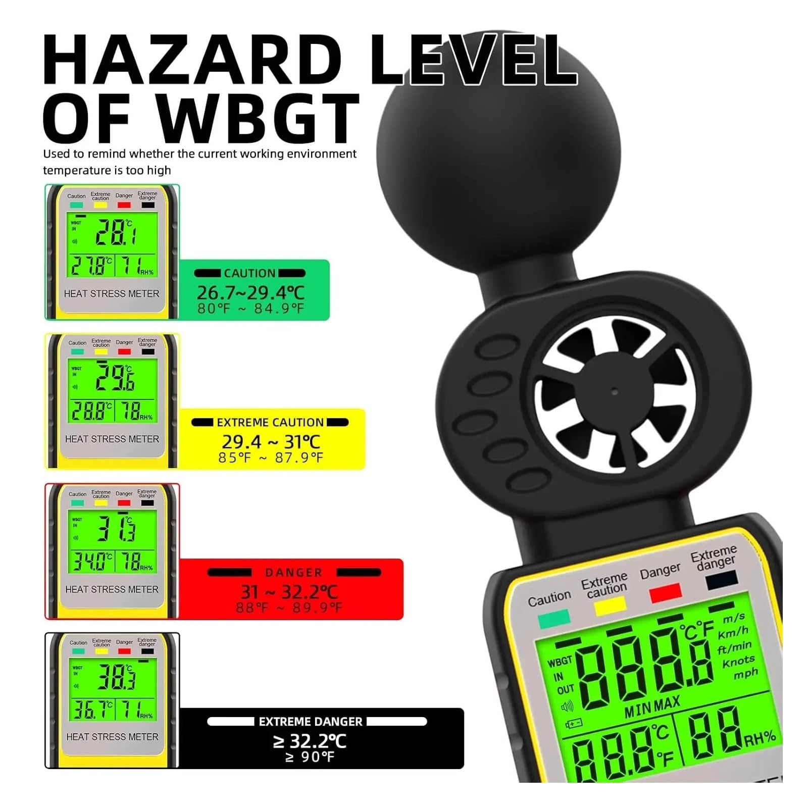 Anemometro, Anemómetro digital portátil con medidor de velocidad del viento, humedad y temperatura, alarma WBGT