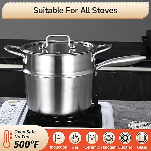 Miniatura 3 de LOLYKITCH Cacerola de acero inoxidable de 3 cuartos de galón con tapa y vaporizador, olla de salsa, olla de inducción, apta para lavavajillas y