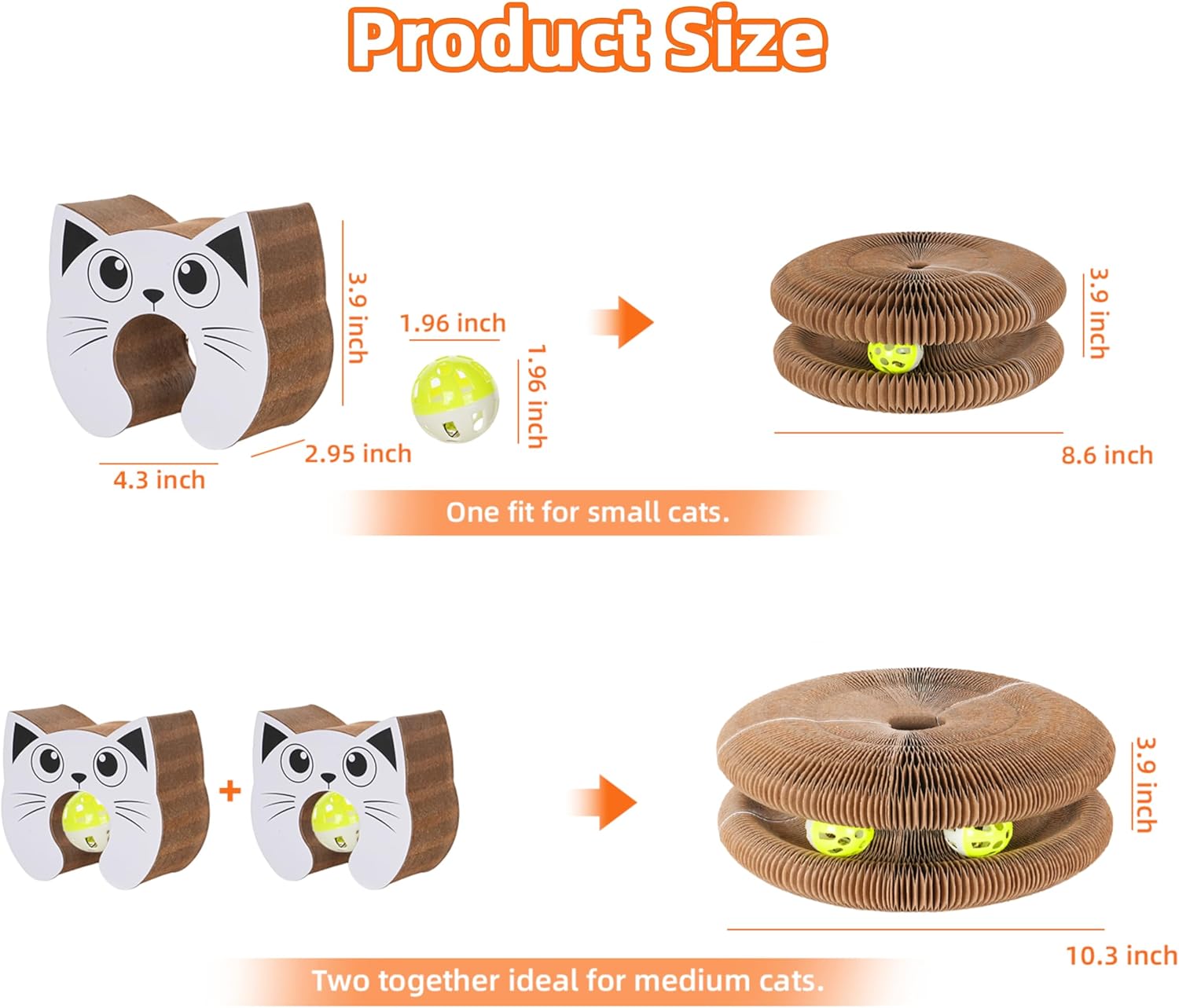 Twisty Paws Cat Toy - 2 Pack Magic Organ Kitty Curl Scratcher, Interactive Magnetic Cardboard Shape Shifting, Reversible Accordion Kurlz Board with Bell-Ball for Indoor Cats