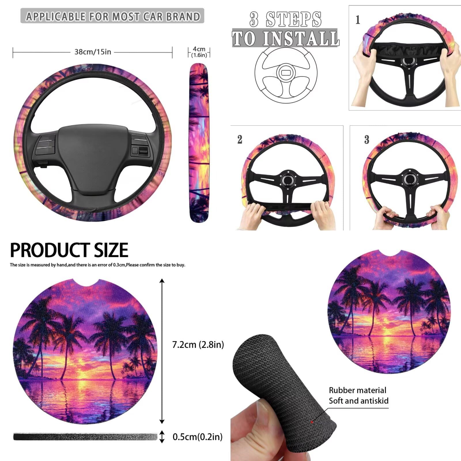 Bulopur Set completo di coprisedili per auto con palme tropicali, 7 pezzi, coprivolante, antiscivolo, elastici, coprivolante, tostapane, accessori per interni da donna e ragazza