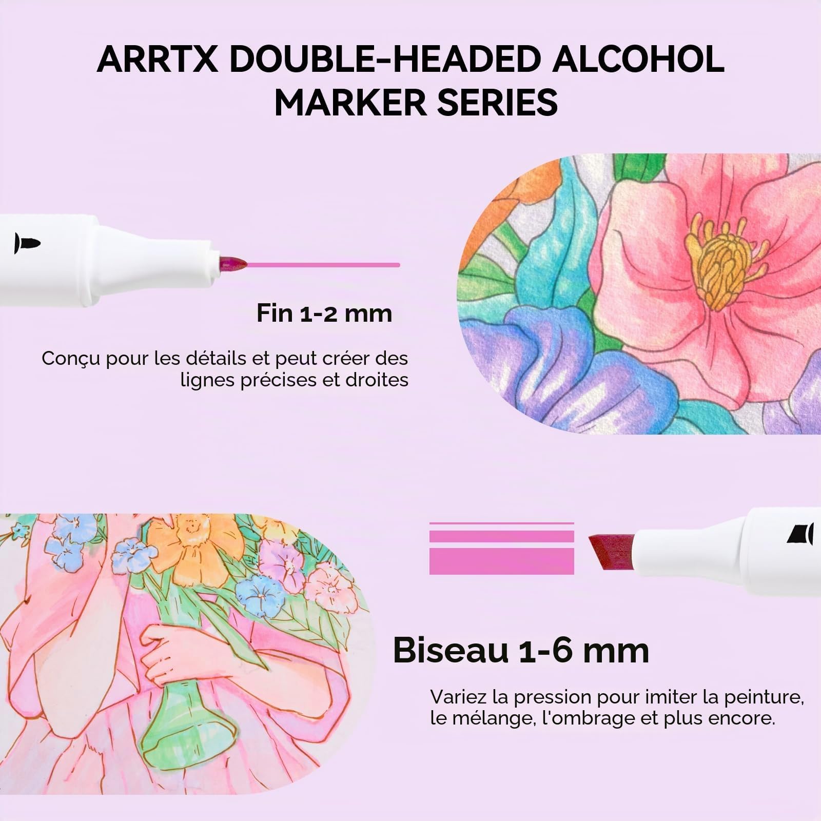 Arrtx ALP Lot de 66 marqueurs pastel à alcool à pointe fine et biseautée, adaptés pour la peinture, le coloriage, le dessin, les croquis, les illustrations, les marqueurs à base d'alcool, les stylos