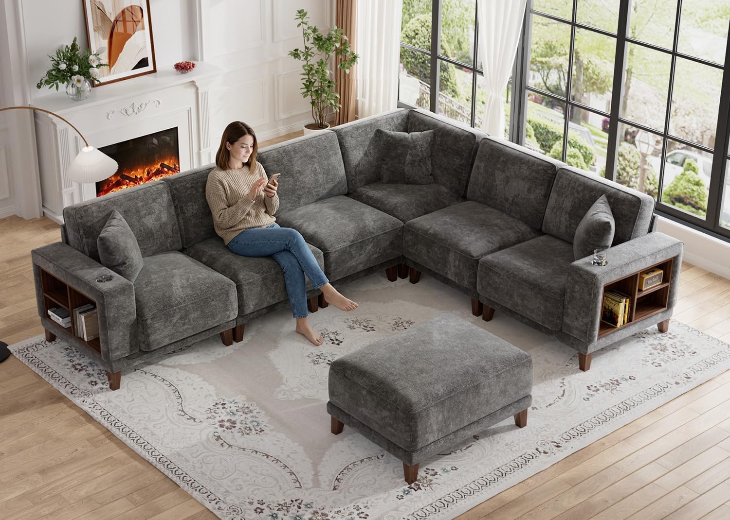 Oversized Modular Sectional Sofa,7-Seat Deep Seat Sofa with Ottoman,USB Ports,Hidden Cup Holders,Side Storage Cabinets in Armrests,U Shaped Couch in Chenille for Living Room (Dark Grey, L7)