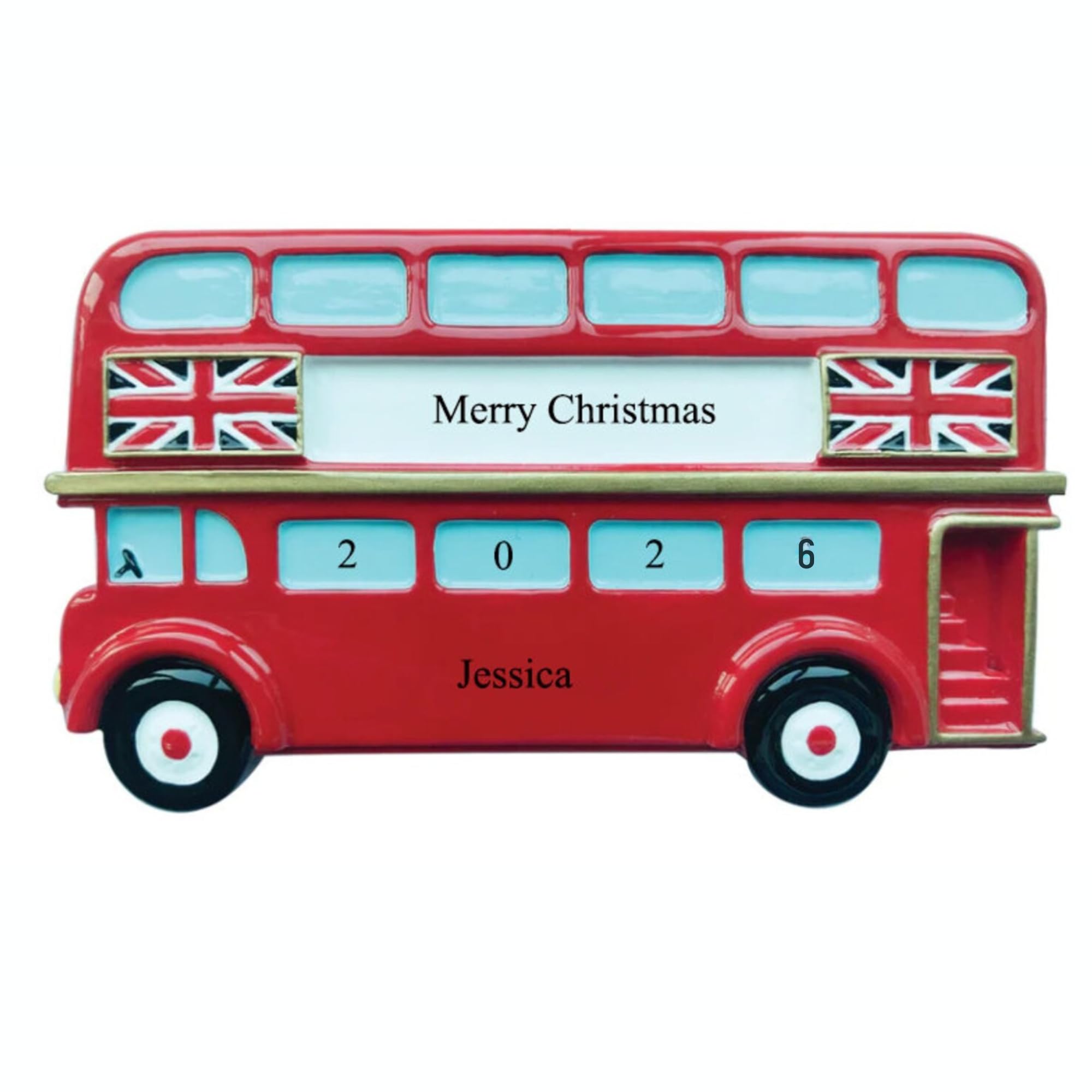 Personalised British London Iconic Red Bus with Union Jack Flag Christmas Tree Decoration Ornament 2026, Customised UK Travel Souvenir Holiday Memory Keepsake Gift Decor โ image 1