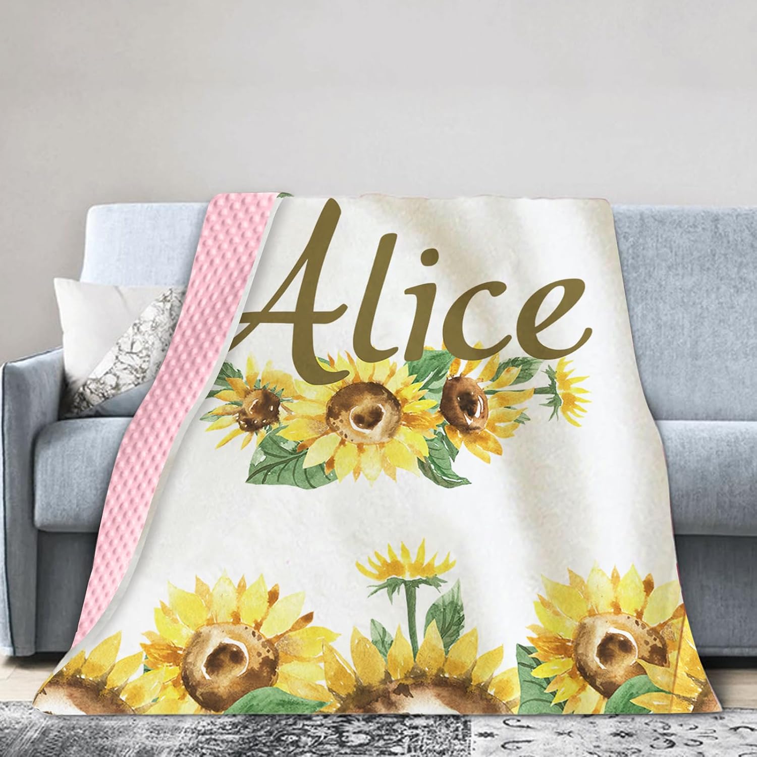 Personalized Baby Blankets with Name – Yellow Sunflower Theme Custom Toddler Girl Blanket – Soft Minky Dot Blanket for Crib, Nursery, Stroller – Custom Baby Gift for Girls