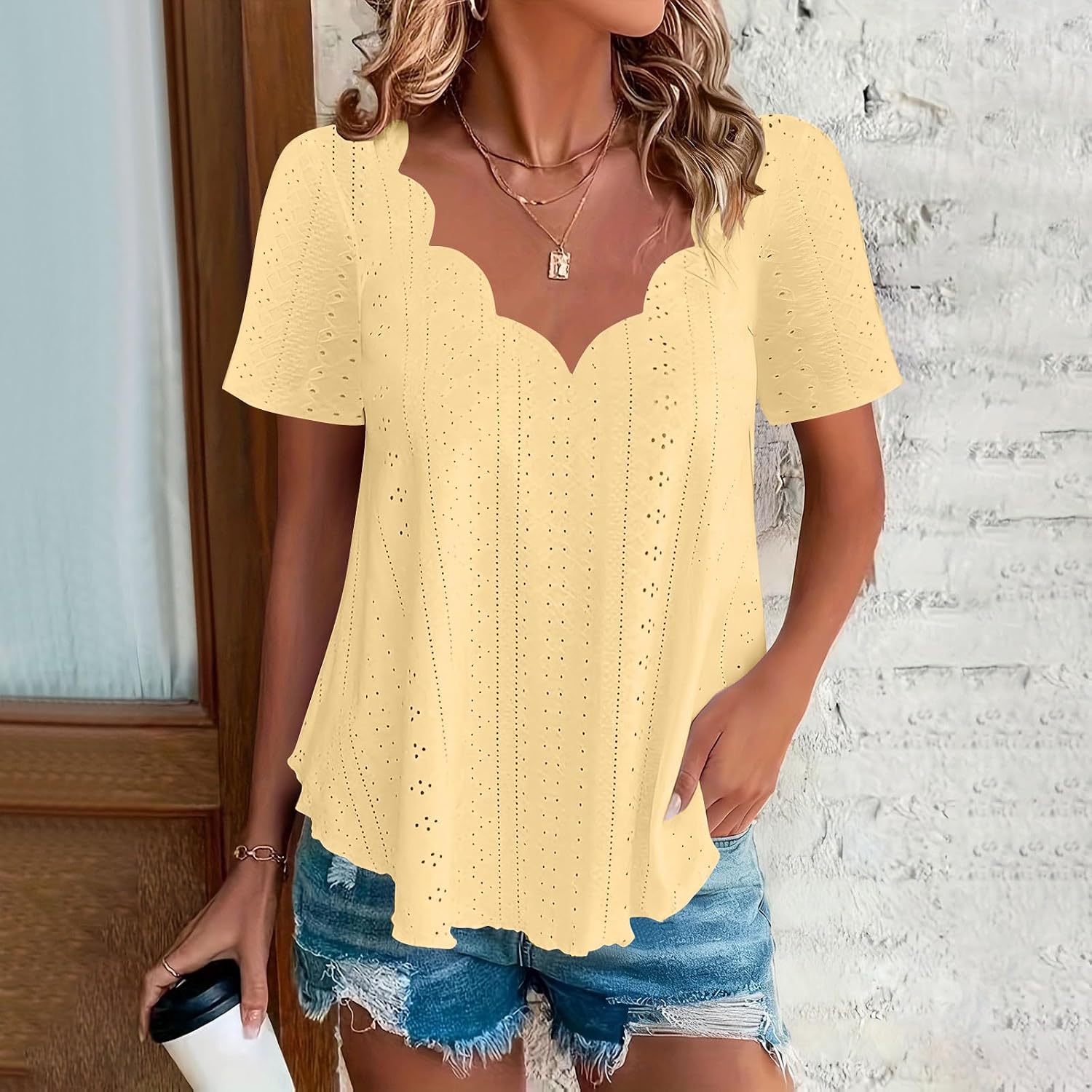 Flowy V Neck Short Sleeve Tops for Women Casual Solid Color Loose Fit Blouse Fashion Beach Vacation Shirts