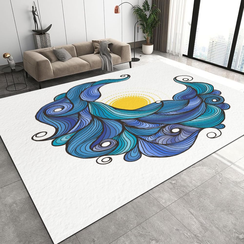 Tapis de Salon 100x150cm Vagues De Kanagawa Velours Cristal Doux Tapis Japon 3D Motif Tapis Chambre d'enfants Canapé Tapis avec Dos en Caoutchouc Antidérapant Carpettes