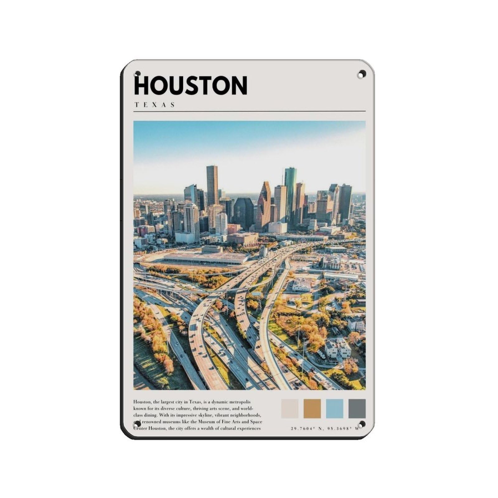 Houston Art Houston Poster Retro Poster Metal Tin Sign Chic Art Retro Iron Painting Bar People Cave Cafe Family Garage Poster Wall Decoration 8x12inch(20x30cm)