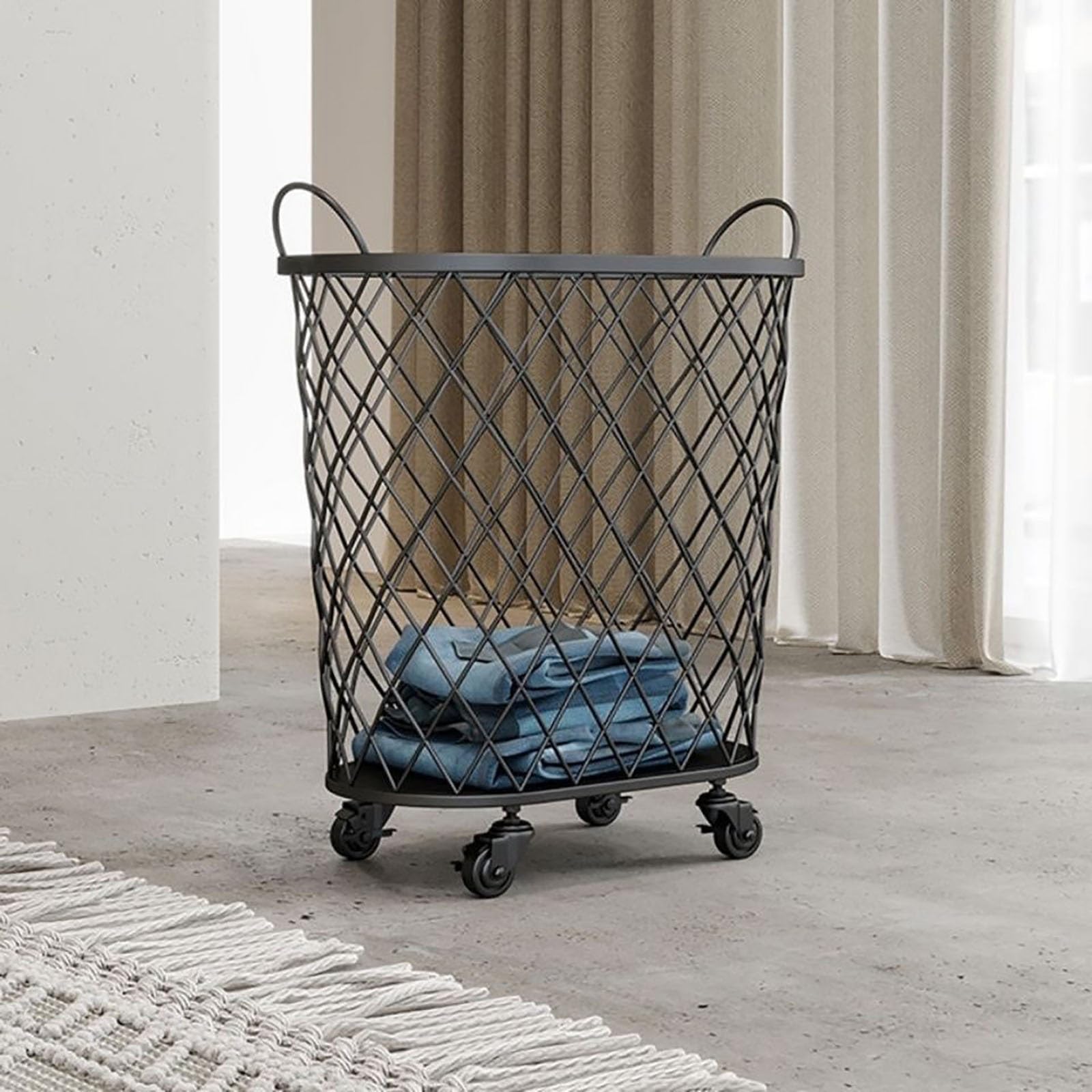 Panier à linge à roulettes en métal, organiseur à linge polyvalent pour tapis de yoga et vêtements, solution de rangement portable pour linge, design durable et élégant