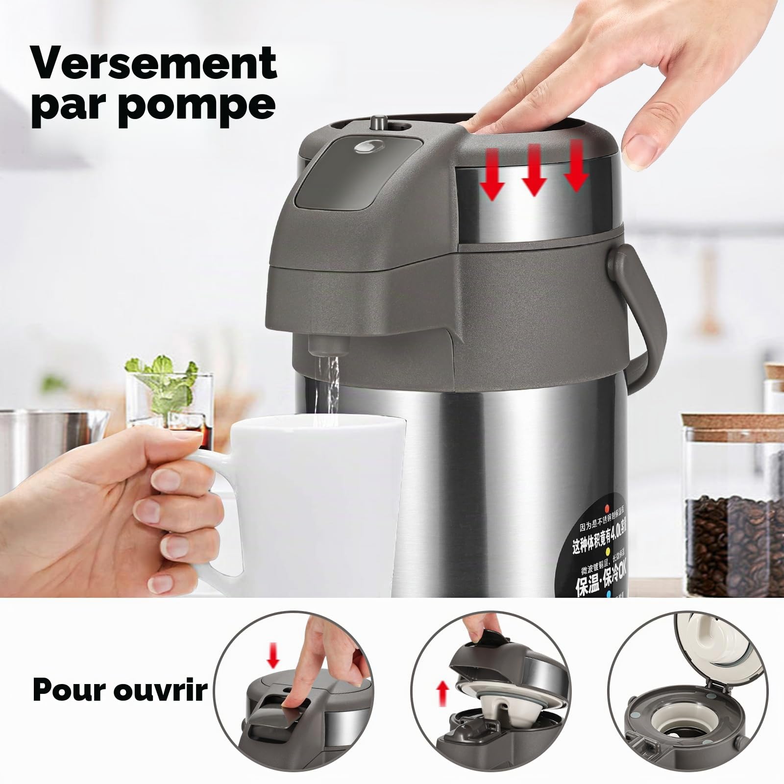 Bouteille à Pompe 3 L en Acier Inoxydable - Distributeur de Boissons Chaudes et Urne à Café - Idéale pour Café et Thé