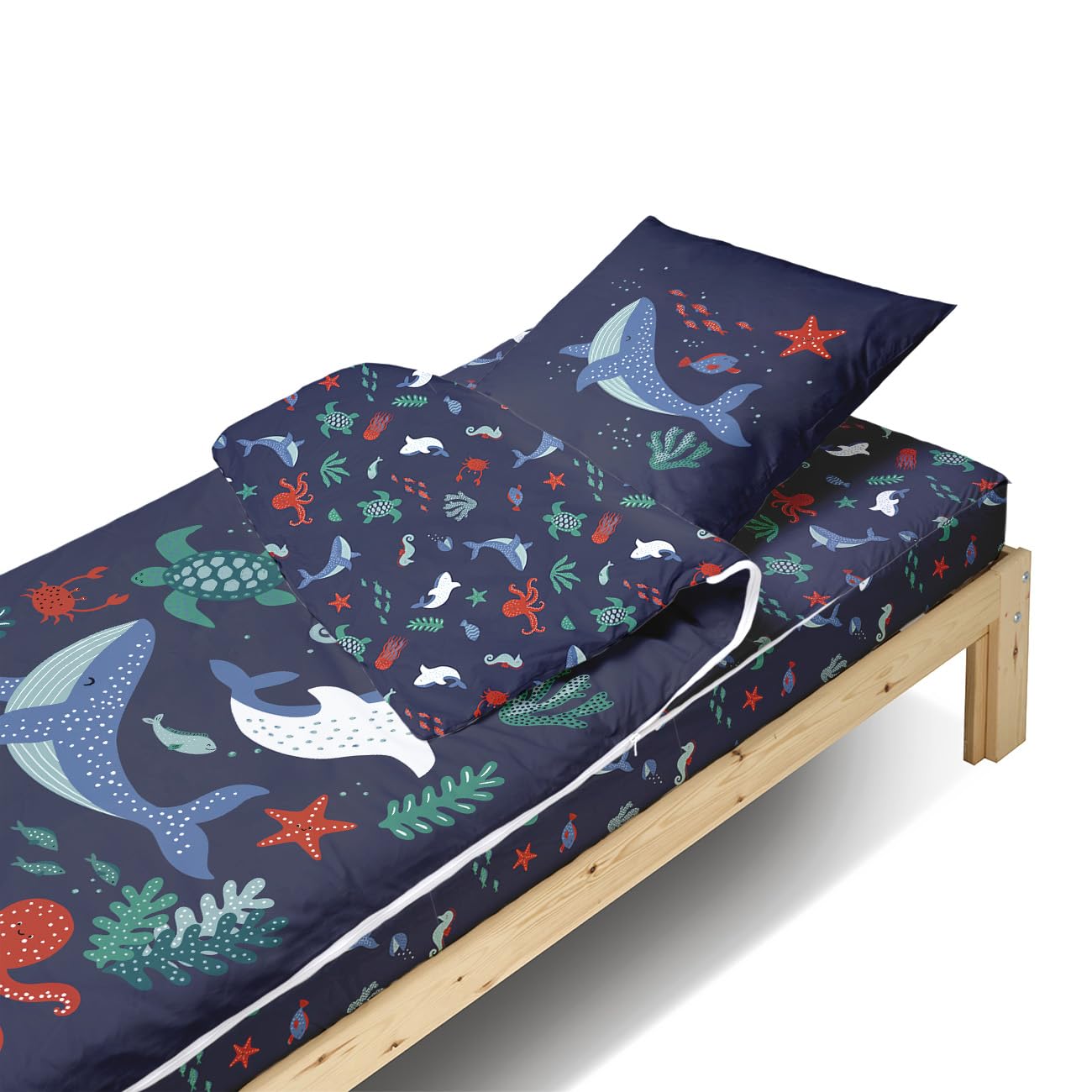 Bleu Calin Rechange Caradou® Océan Parure de Lit Enfant en Coton, 90x190cm | 3 pièces, Couchage Tout-en-Un, Sans Couette