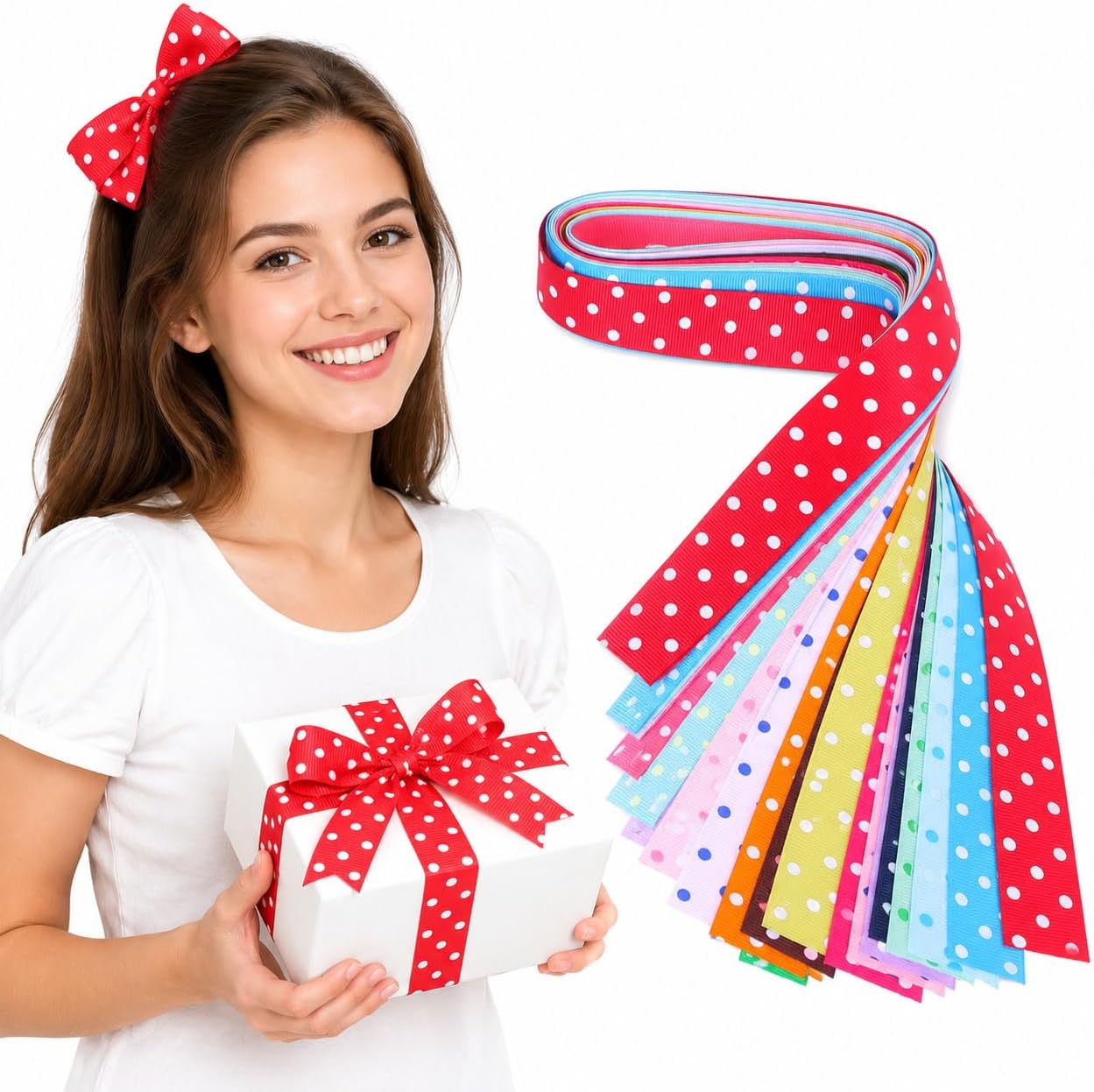 Rosenice 17 Color Polka Dot Grosgrain Ribbon 22mm 1m