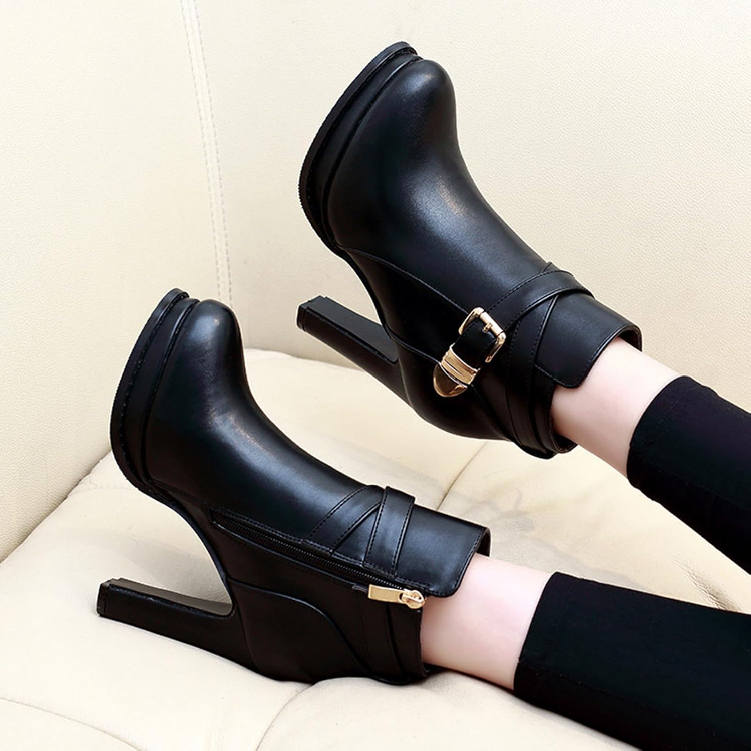 Women's Leather high heel Ankle Boots Fashion Pointed Toe Side Zipper Metal Buckle Chunky High Heel Dress Boots Comfortable Non-slip Business Office Shoes