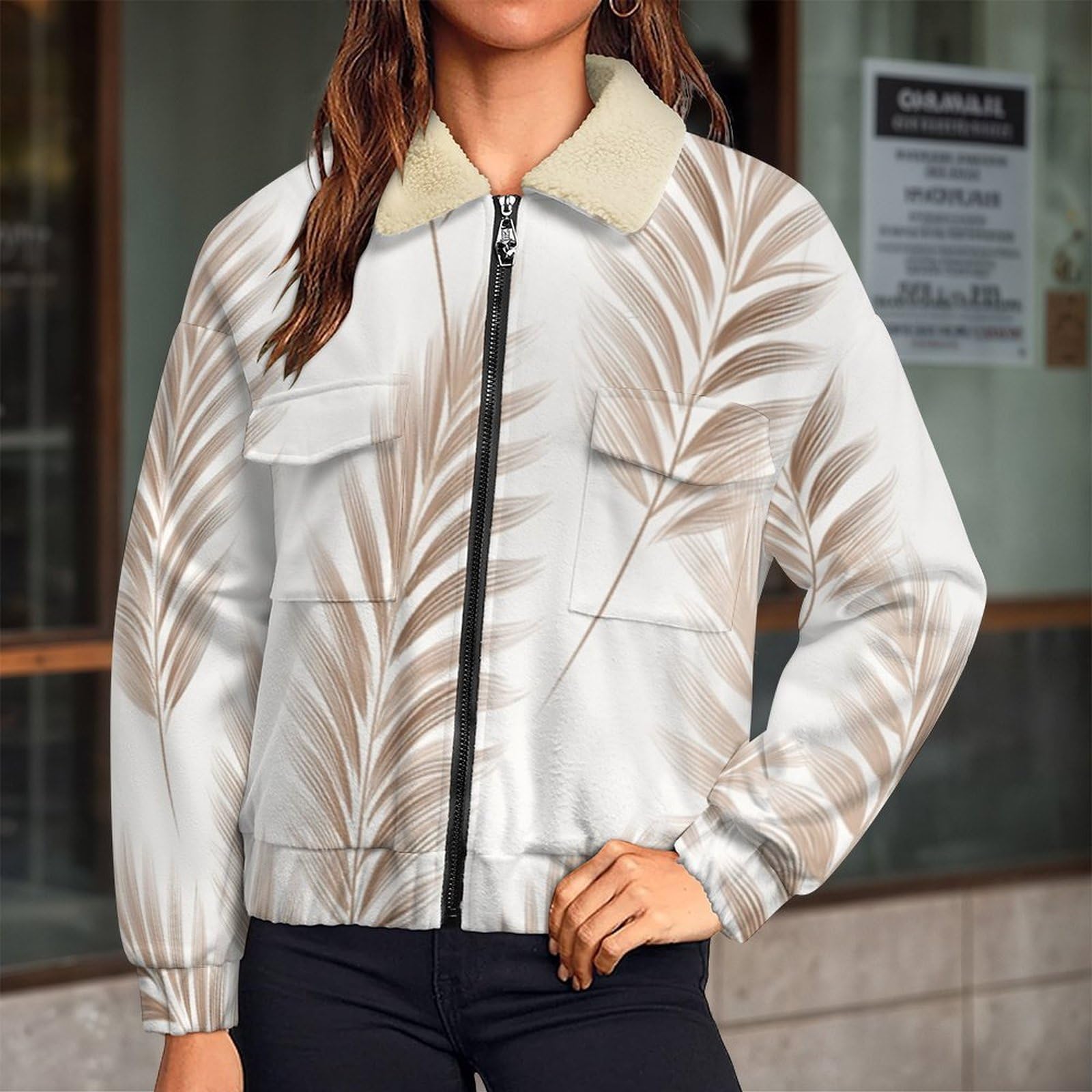Giacca in Pile da Donna Teddy Fodera Peluche Sherpa con Cerniera, Stampa foglie palma, Giacca Paesaggio tropicale Caldo Fleece Maniche Lunghe, Giacche Inverno con Tascabile