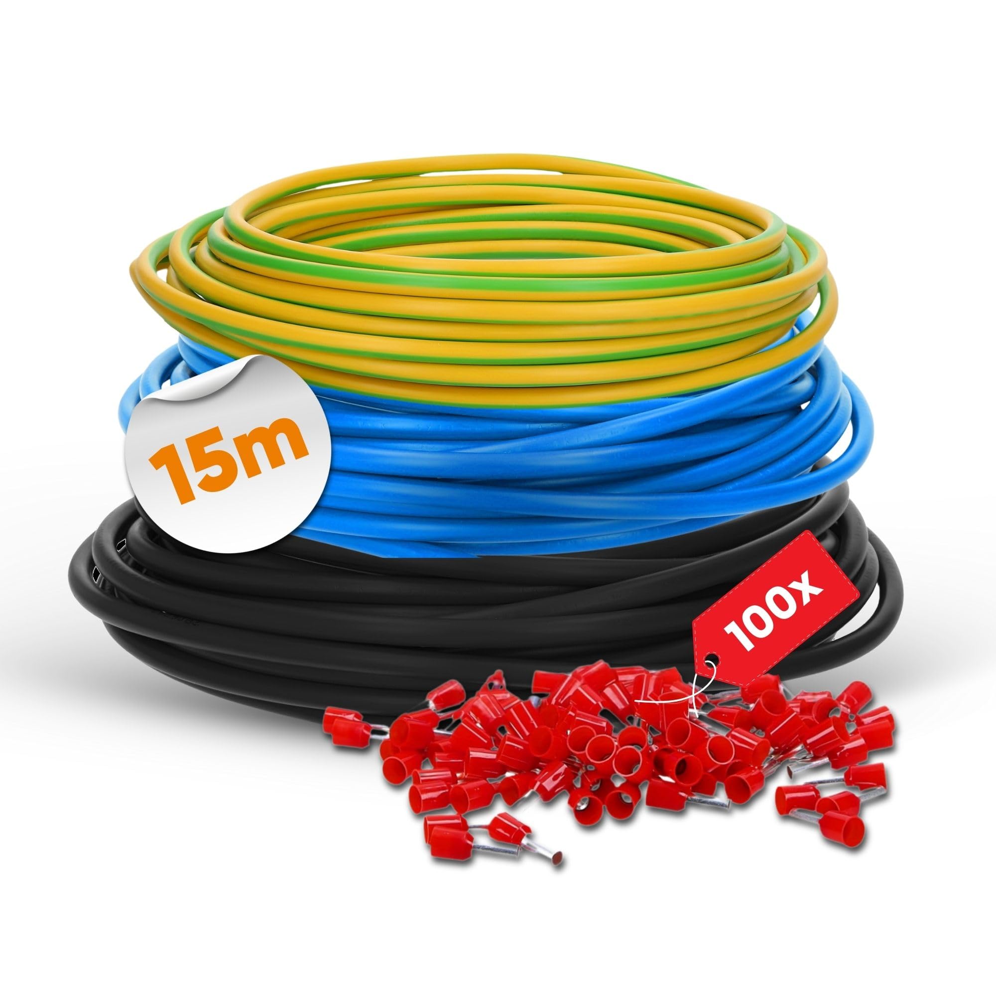 Lapp H07V-K 10 mm² Verdrahtungsleitung Set I 3 x 5 Meter Einzelader (schwarz, blau, grün-gelb) + 100 Aderendhülsen rot I Verdrahtungssatz 10 qmm für Zählerschrank