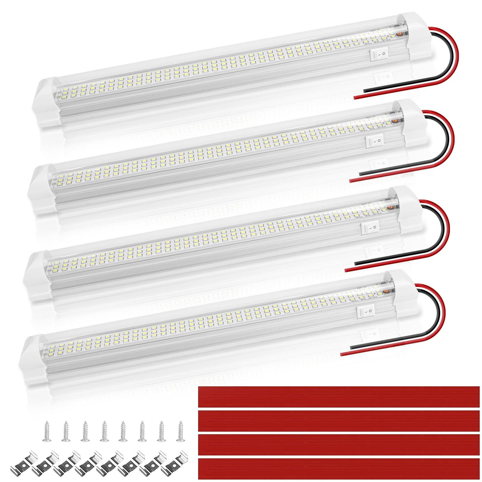 DoRight 12V Interior LED Light Bar 108 LED 12W Cold White 6000K Universal Strip Light for Motorhomes, Campers, Boats, Trucks, Cabinets, Bedrooms, Kitchens,DC12-85V with ON/Off Switch (4 Pack)