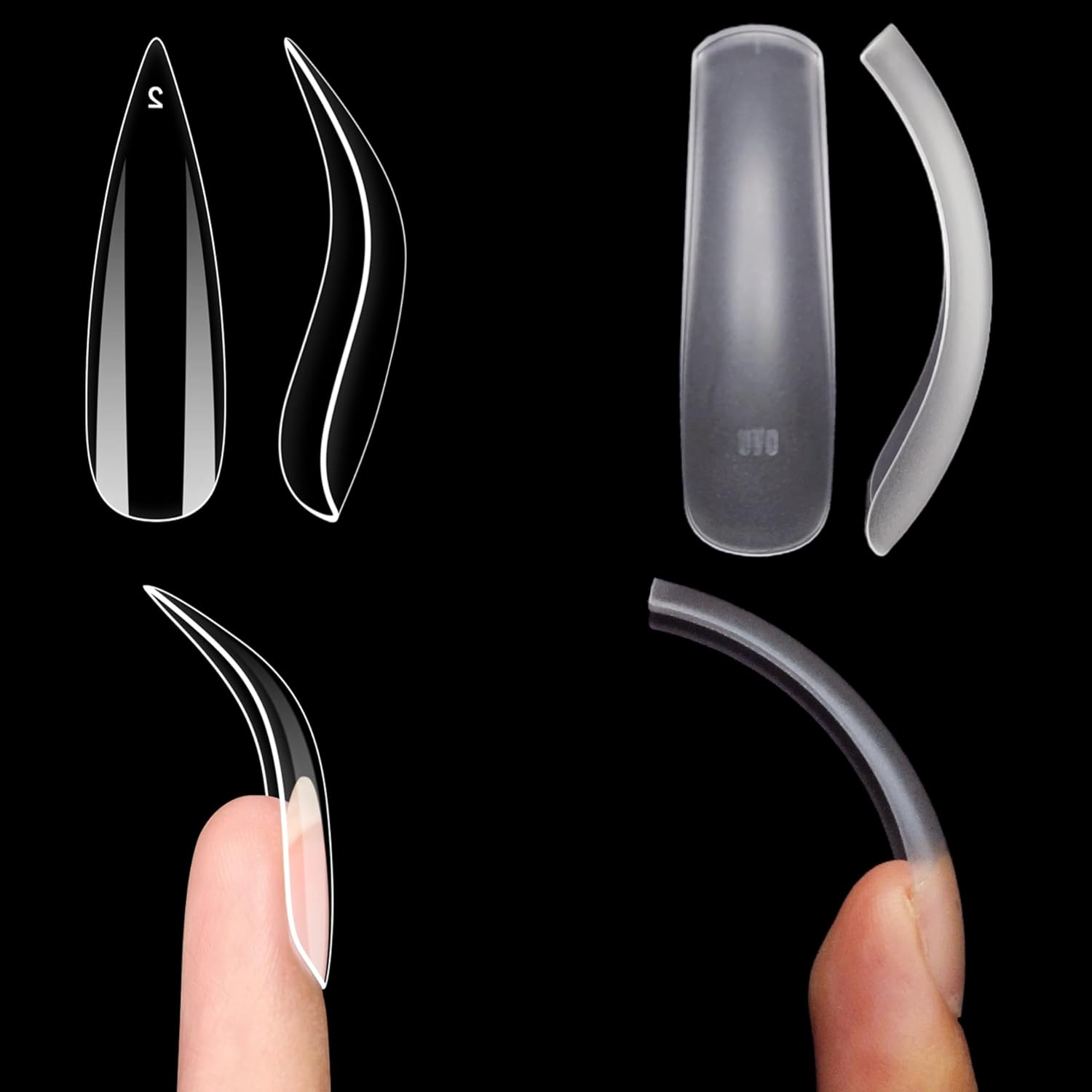 NOVO OVO Curved Nail Tips Press on Full Cover Combo, Extra Curve Square and Stiletto Gel x Thick Acrylic Fake Nails Extension kit