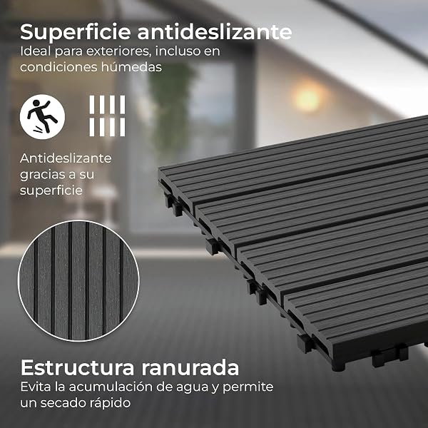YOEVU - Baldosas de Exterior de Madera Composite WPC | Antideslizantes y Resistentes al Agua | Fácil Instalación | 1.08m² | Set de 6, Patio y Jardín, 30X60cm (Antracita) - 3