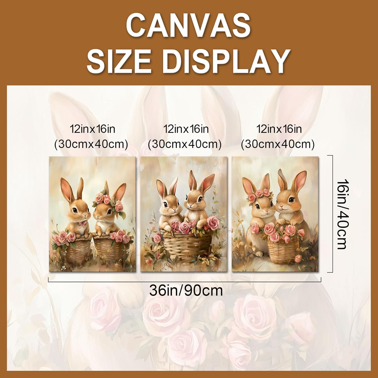 PoGoXiPoYo 3 Pieces Canvas Wall Art Cute Bunny and Rose Flowers Pictures Print Vintage Painting Farmhouse Rabbit Couple Artwork Easter Themed Wall Decor for Bathroom Bedroom Kids Room 12"x16"x3
