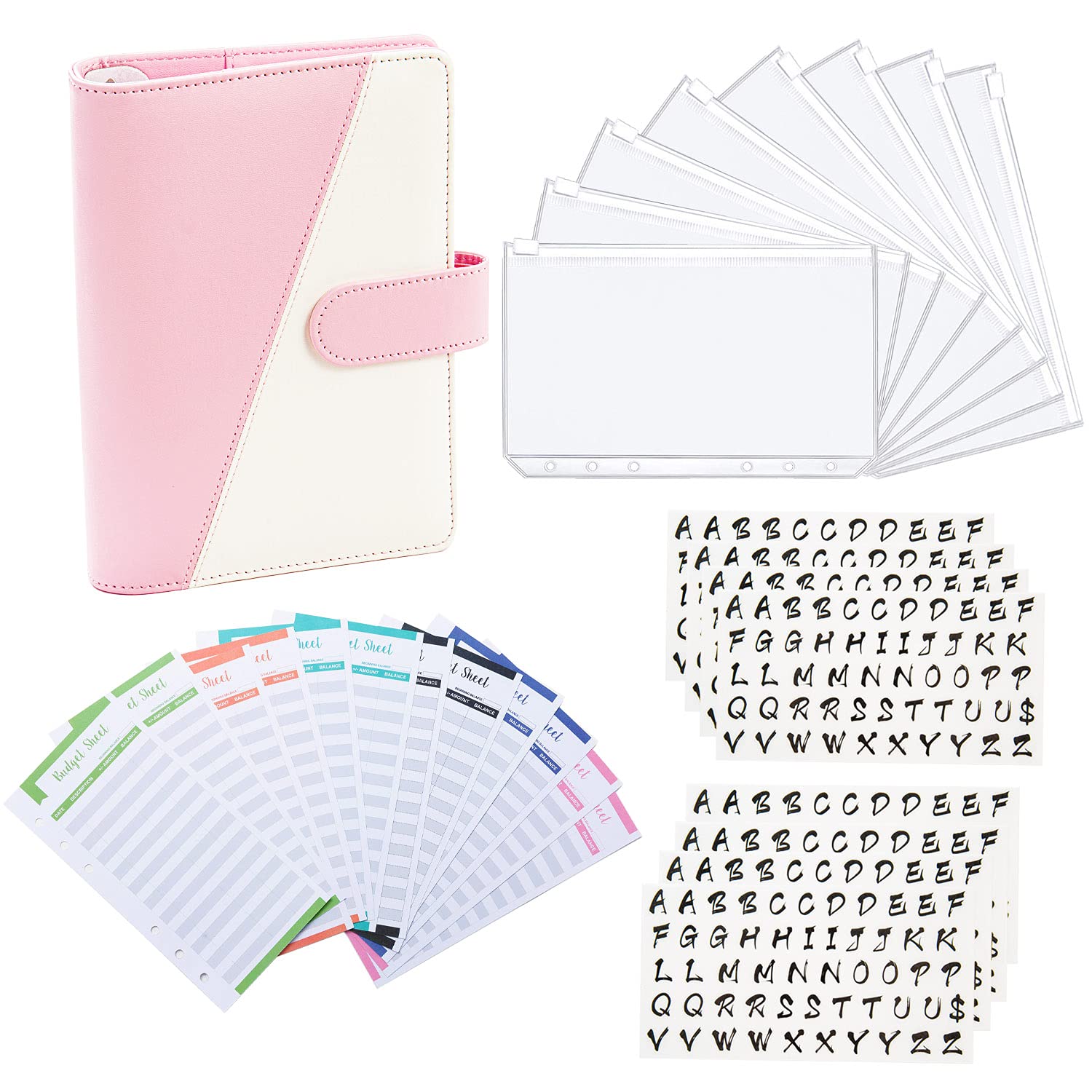 Eage Cash Envelopes for Budgeting, Budget Binder, 29 Pcs A6 PU Leather Notebook Budget Binder Planner Organizer, 6 Ring Saving Binder for Bill Organizer, Pink White + Diy Stickers