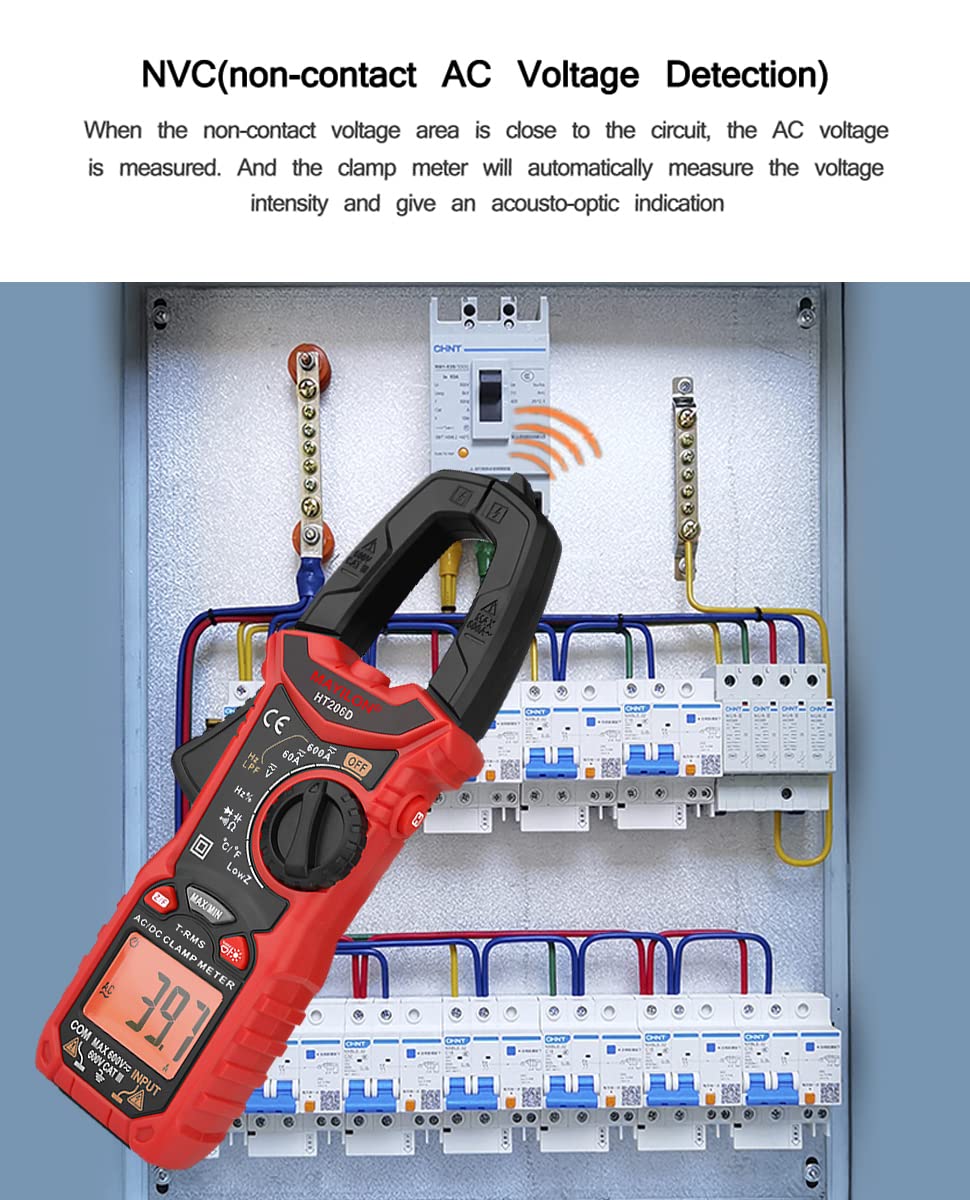 HT206D Multímetro Digital, Pinza Amperimétrica True RMS con Medición de Temperatura, NCV, LPF, AC/DC Voltaje y Corriente, Frecuencia, Resistencia, Capacitancia, Diodos, Continuidad, LowZ