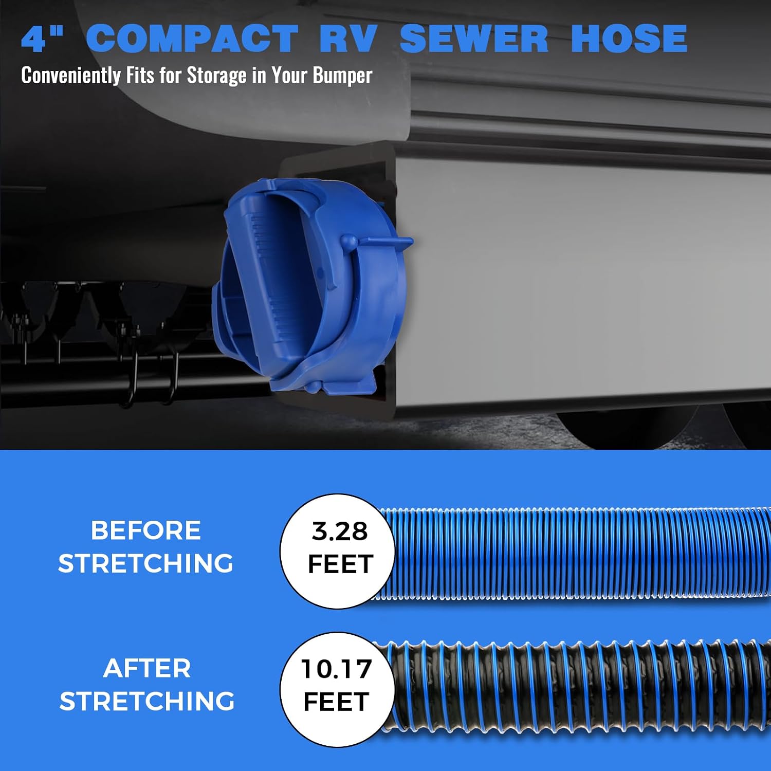 10 FT RV Sewer Hose Kit: Female to Female Heavy Duty Camper Waste Hose with Leak-Proof Swivel Fittings, 90° Clear Elbow, 4-in-1 Adapter, TPE Tech for Crush-Proof and UV-Resistant (Blue)