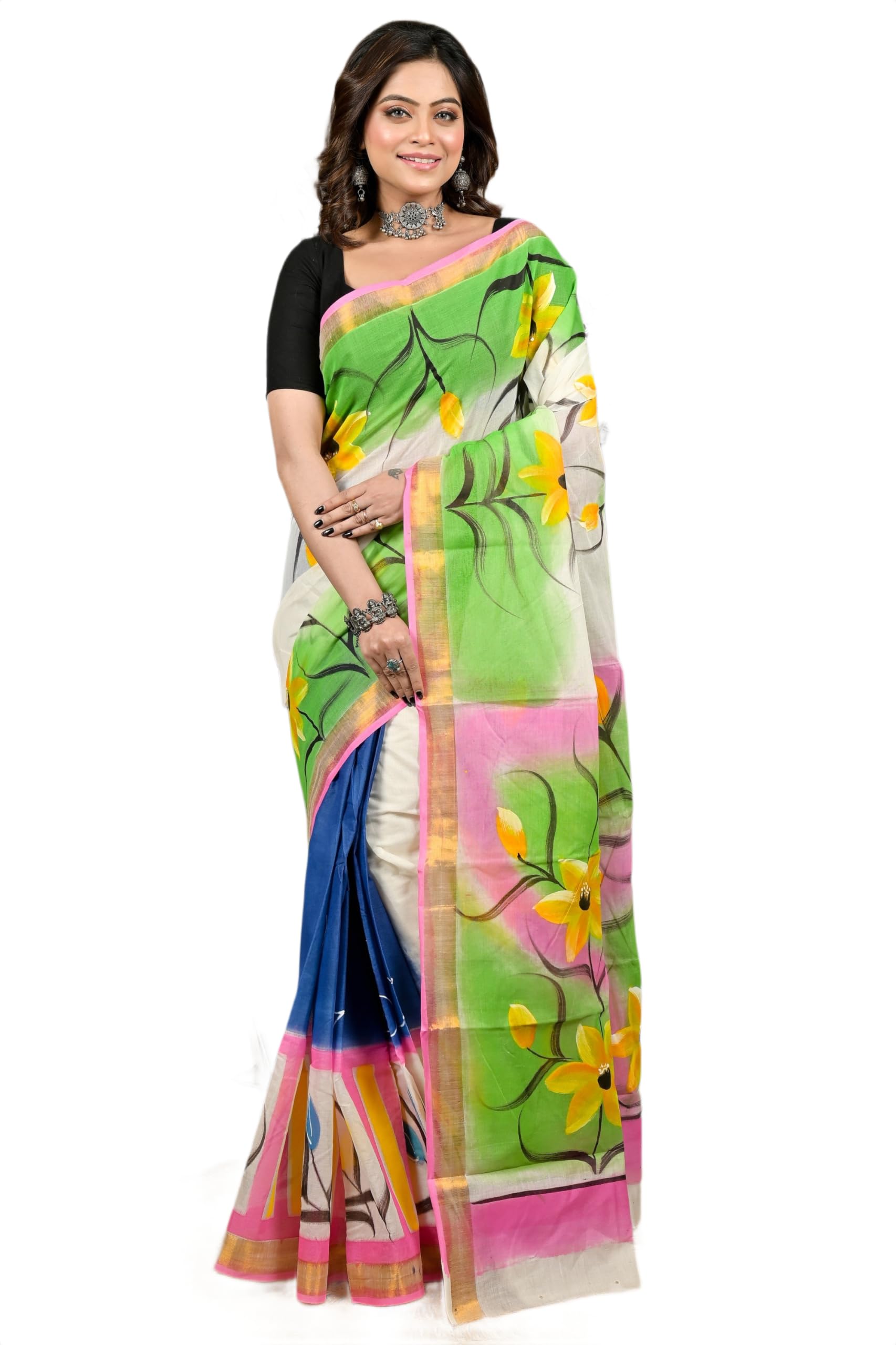 Hand Painted Pure Cotton Saree with Yellow Floral Motifs, Multicolor Traditional Handloom Saree, White Green Pink Blue, Bengal Artisan Crafted-image-29