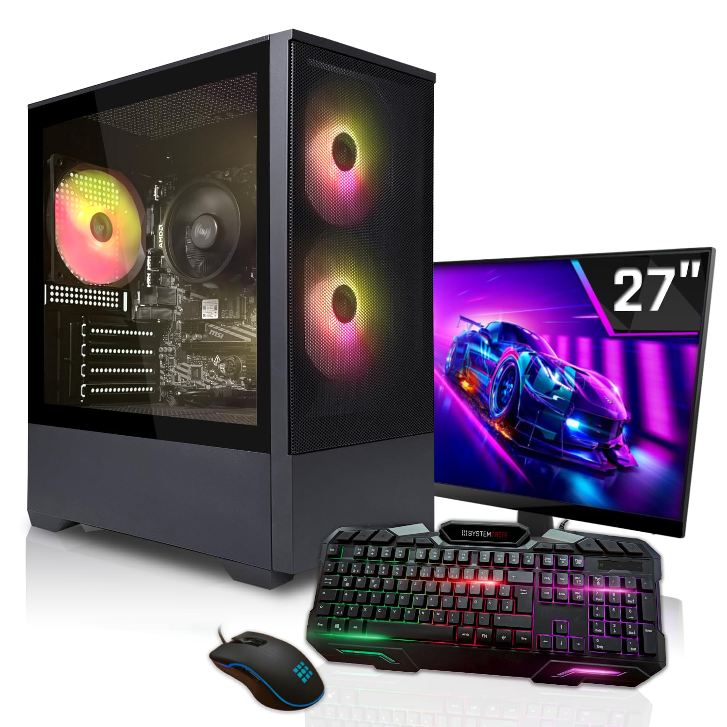 SYSTEMTREFF Basic Gaming Komplett PC Set - AMD Ryzen 5 5500 - RTX 3060 12GB | AMD 6-Kern CPU bis 4.2 GHz, 16GB DDR4, 512GB M.2 NVMe SSD, Nvidia Grafik, Windows 11, 27 Zoll TFT Display, für Gaming