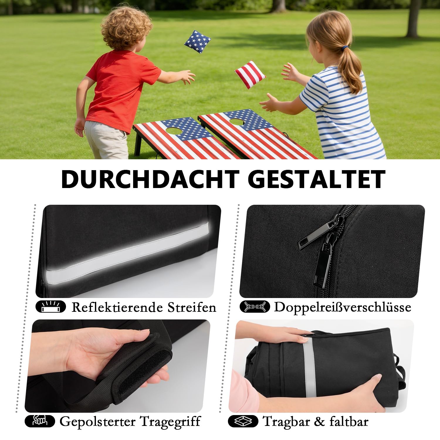 Cornhole-Tragetasche passend für reguläre 4' × 2' Boards, robuste 600D-Tragetasche mit gepolstertem Schultergurt, 2 zusätzliche Taschen für Cornhole-Wurfsäckchen und Zubehör, Schwarz (nur Tasche)
