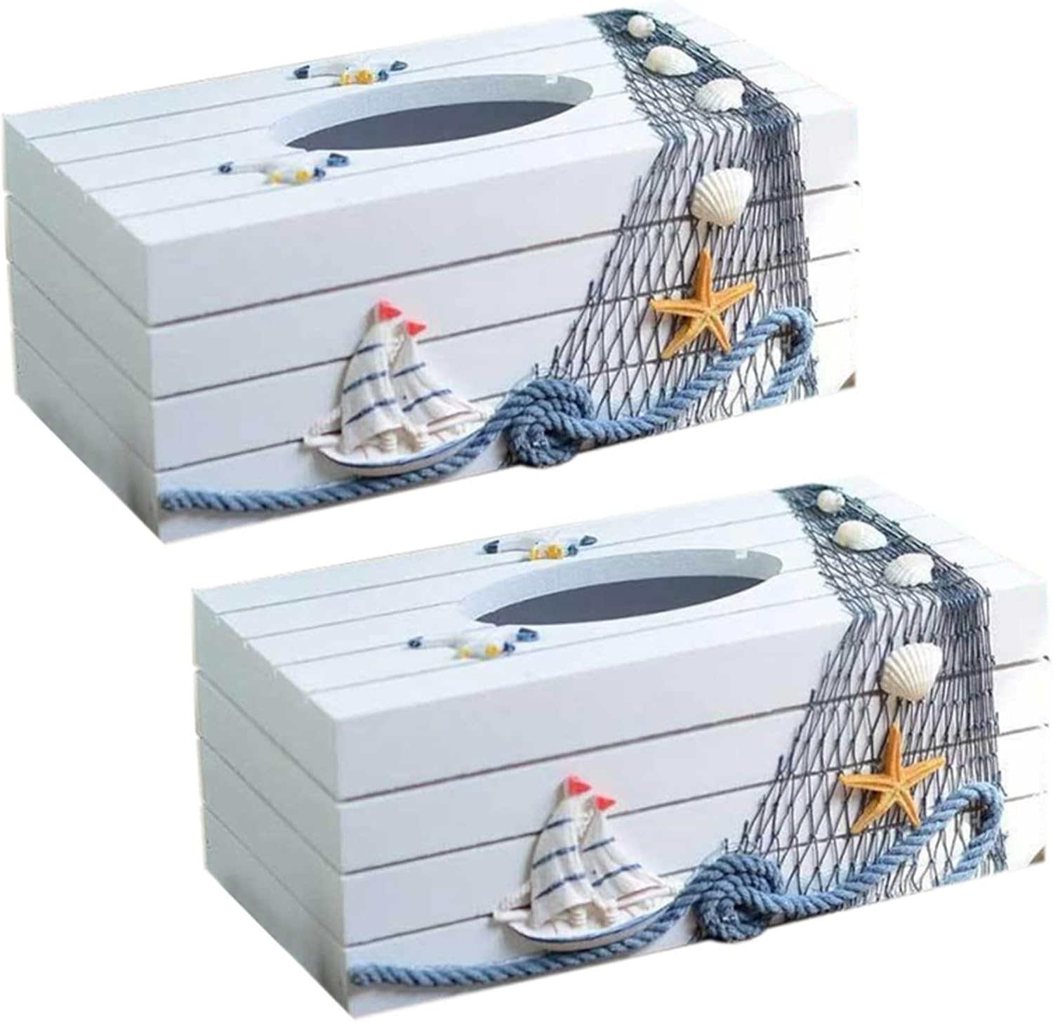 2X Mediterranean Style Marine Series Tissue Box Cover Paper Home Decoration Toilet Paper Holder Wooden Tissue Box