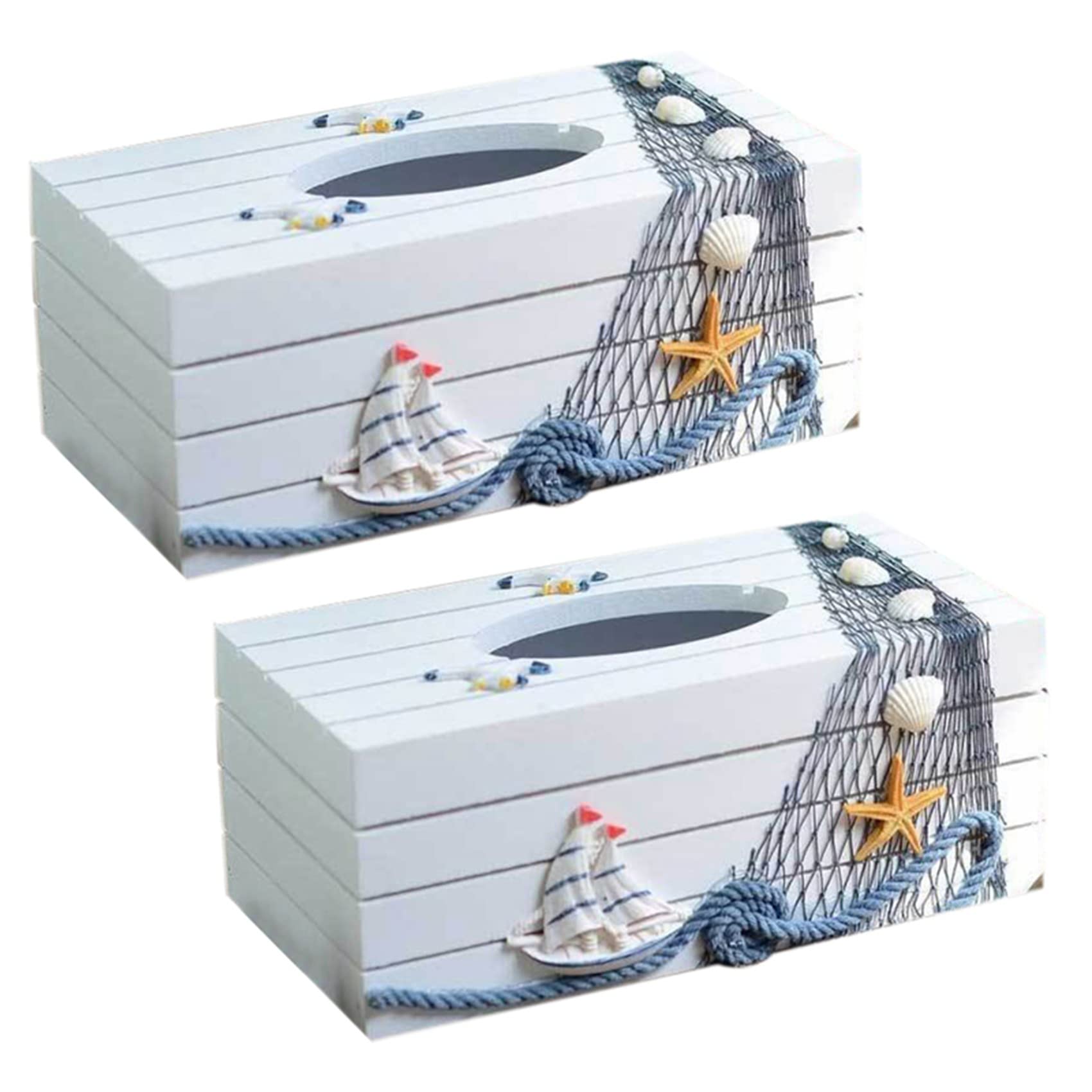 Wlauqueta 2X Mediterranean Style Marine Series Tissue Box Cover Paper Toilet Paper Holder Wooden Tissue Box