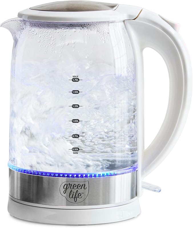 GreenLife 1.7 Liter Electric Glass Kettle, White | Glass Body, Auto Shutoff, Thermal Shock Resistant, Quick Heating, Easy One Touch Use, Cordless Serving, LED Base, Coffee/ Tea